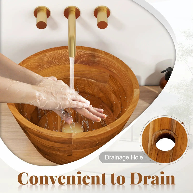16 Inch Teak Wood Washbasin with Drainage Hole and Smooth Finish by DirectDeals