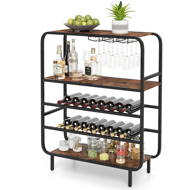 16 Bottle Wine Rack with 5-Tier Wine Shelf and Glass Holders for Kitchen Bar-Rustic Brown by DirectDeals