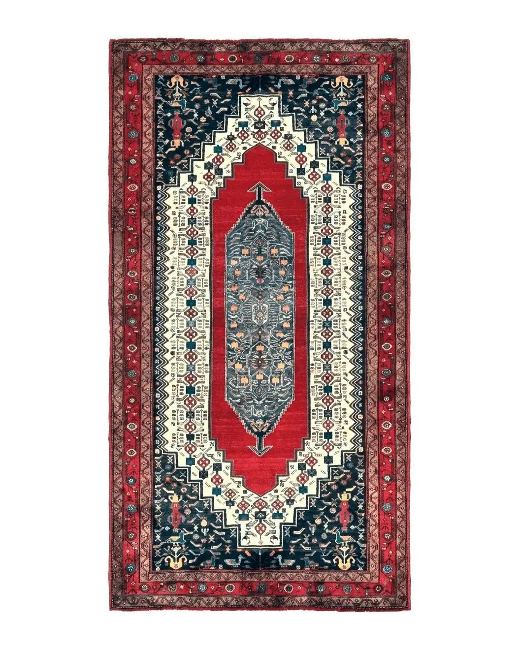 Persian Rug 5x12 ft, Red Cream Navy Blue, Pictorials, Hand Knotted Handmade Wide Runner Tribal Bidjar Semi Antique Wool Geometric Oriental Rug by Jewel Rugs