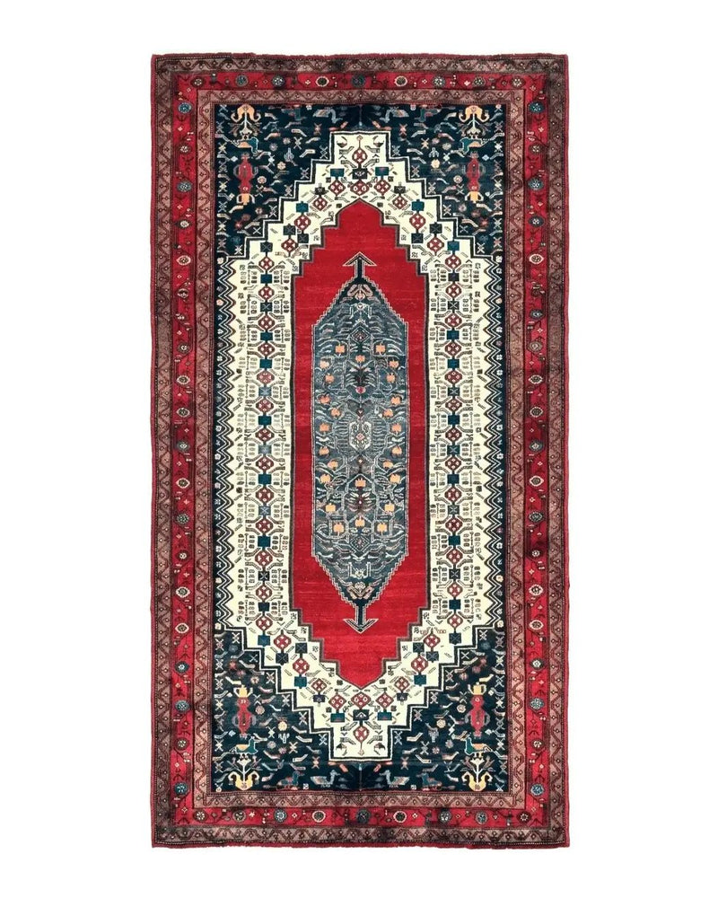 Persian Rug 5x12 ft, Red Cream Navy Blue, Pictorials, Hand Knotted Handmade Wide Runner Tribal Bidjar Semi Antique Wool Geometric Oriental Rug by Jewel Rugs
