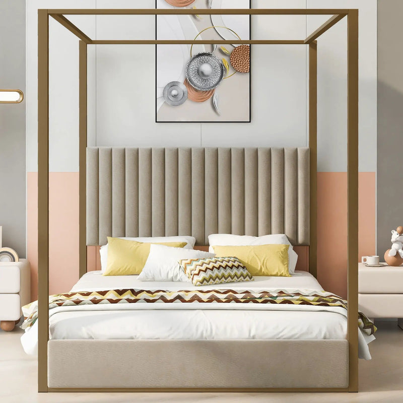 Upholstered Canopy Platform Bed With Frame, Queen Size - Beige by Unique Piece Furniture