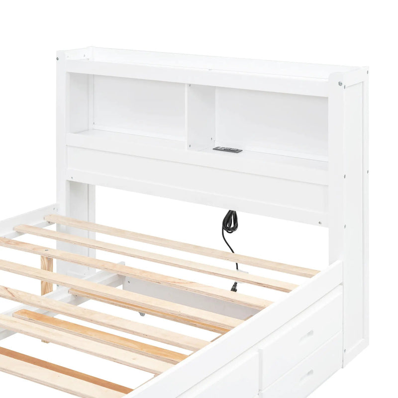 Full Size Platform Bed With Trundle, Drawers, USB Ports And Built In Shelves - White by HouseOfZazla
