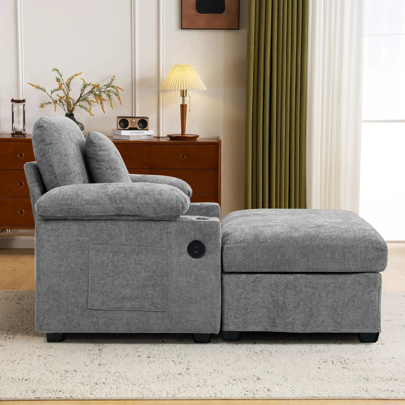 Modern Oversized Chair With Ottoman, Cupholders And USB Charging Ports by Unique Piece Furniture