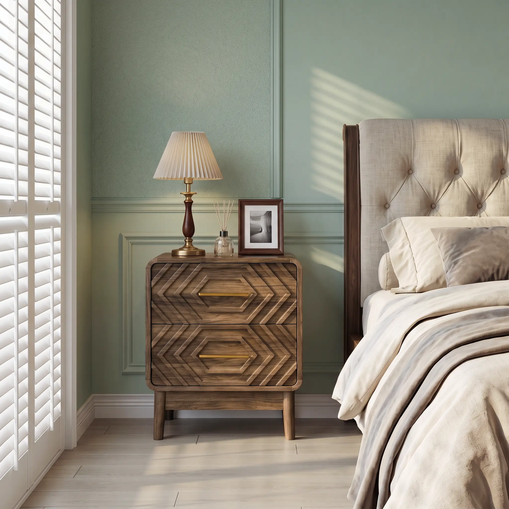 Walnut Wood Bedside Table with Double Drawers by HouseOfZazla