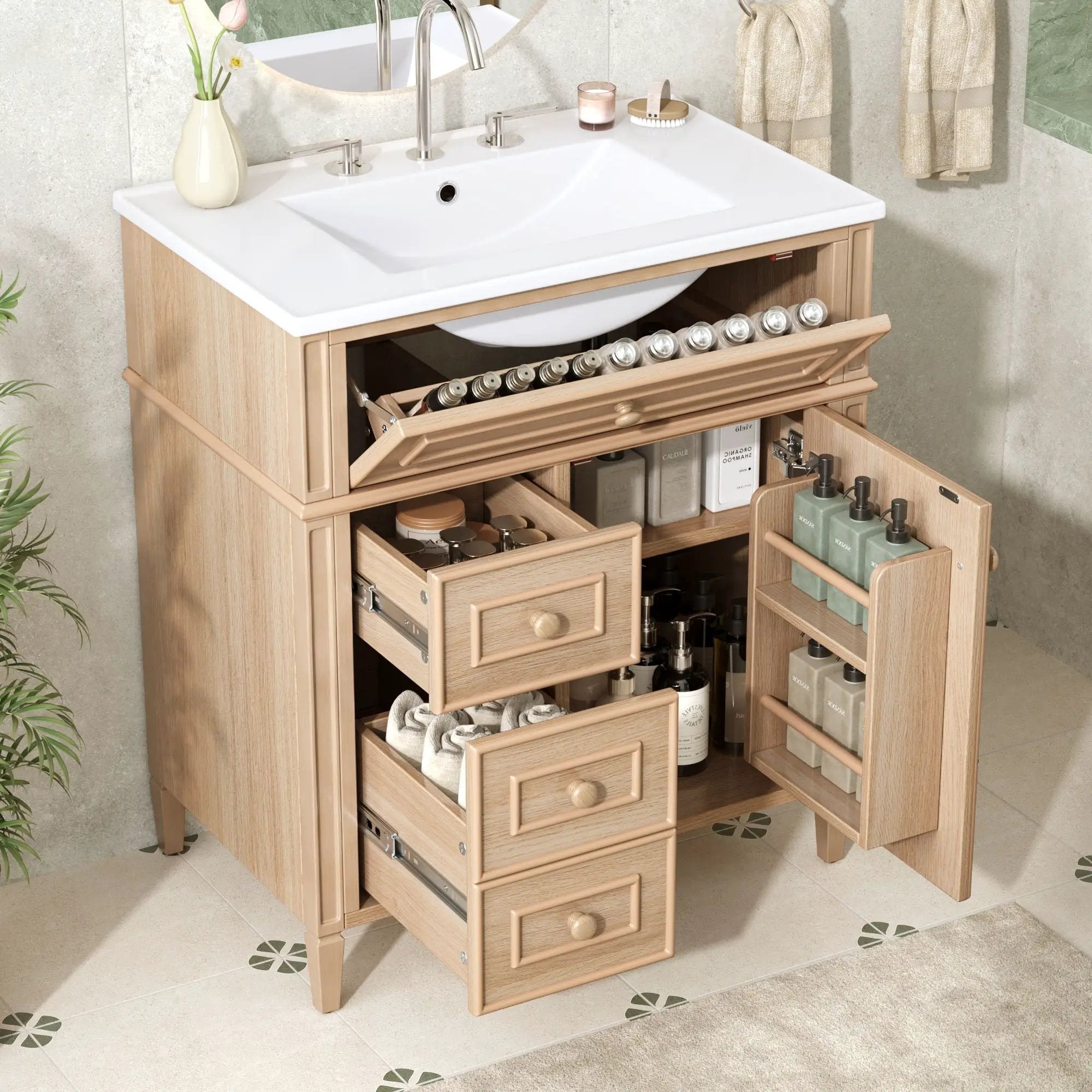 Bathroom Vanity With Sink, Flip Out Drawer, 2 Soft Close Drawers, 1 Soft Close Door - Wood by Unique Piece Furniture