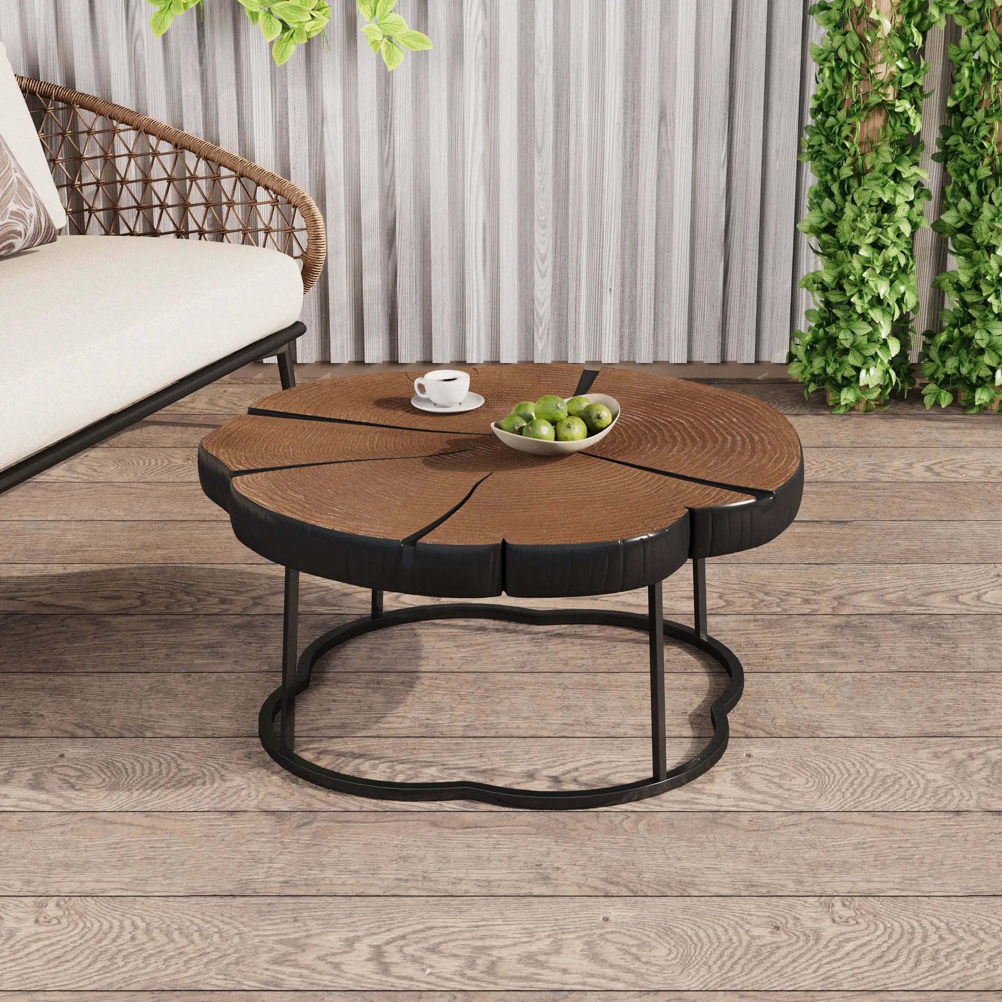 Irregular Coffee Table, 27" Modern MGO Top with Natural Wood & Black Metal Base by HouseOfZazla