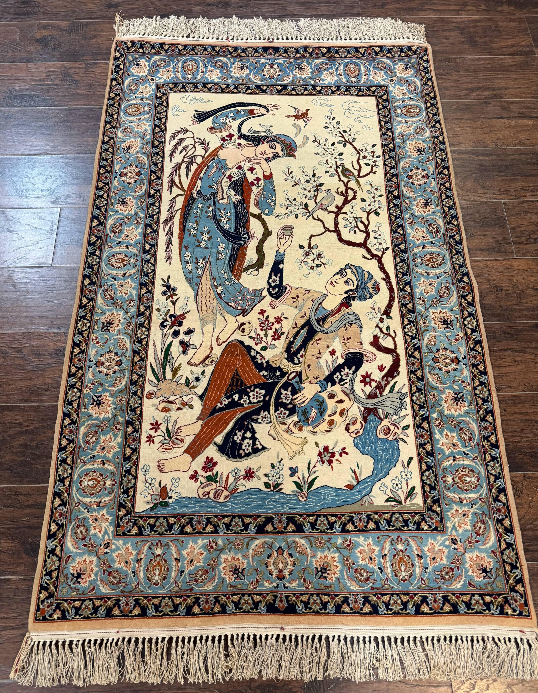 Persian Isfahan Pictorial Rug, Two Lovers, Kork Wool on Silk Foundation, Ivory and Light Blue, 500 KPSI Super Fine by Jewel Rugs