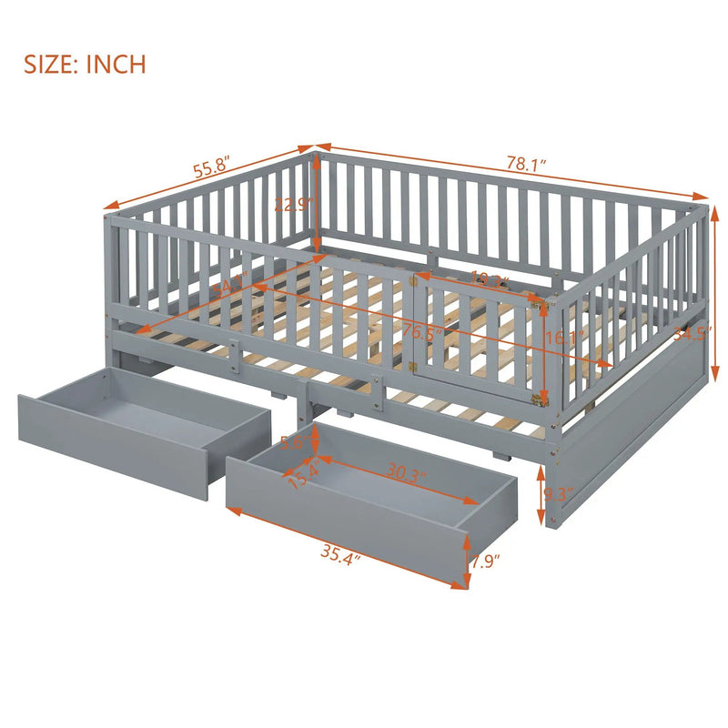 Daybed With Fence Guardrails And 2 Drawers, Split Into Independent Floor Bed & Daybed by HouseOfZazla