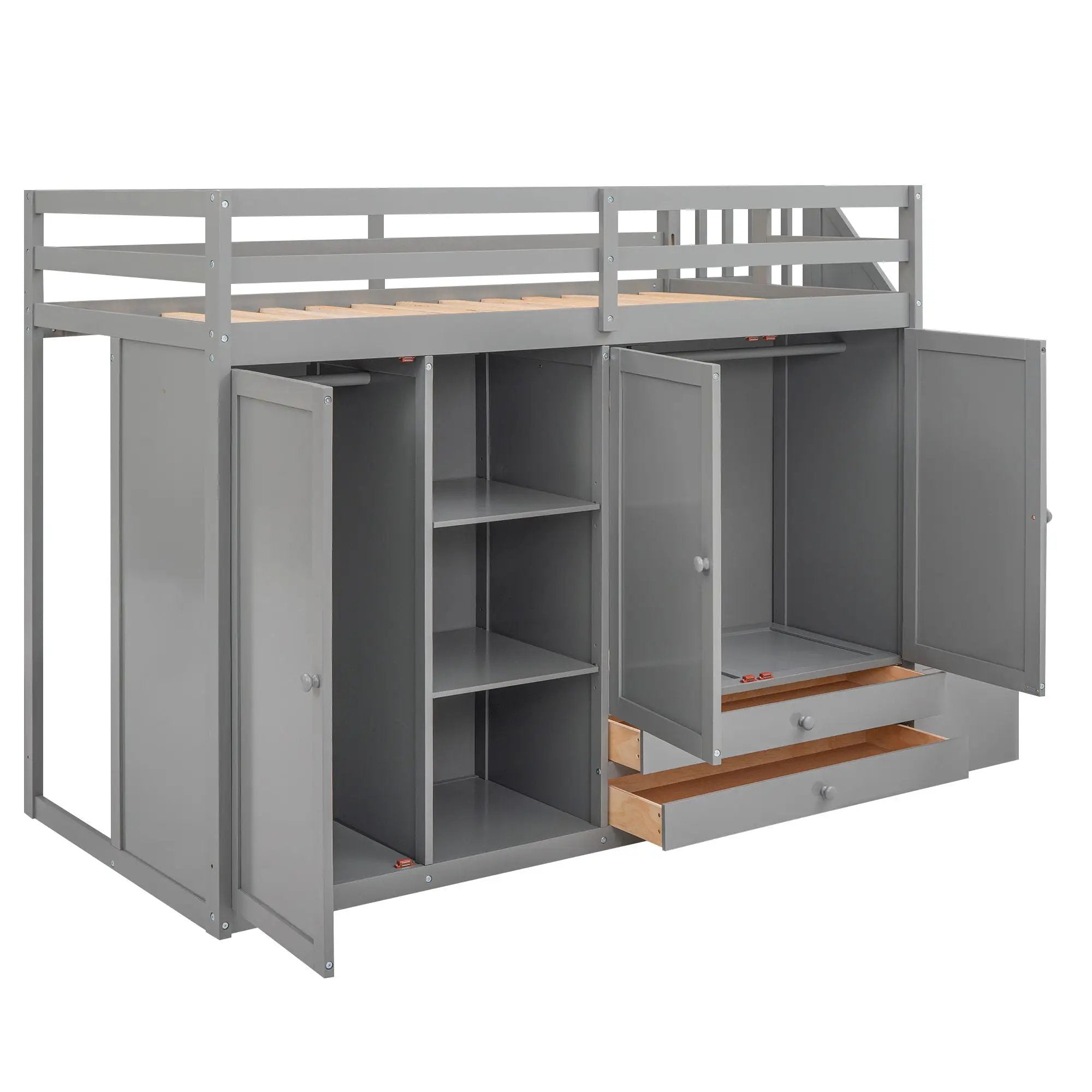 Loft Bed With 3 Shelves, 2 Wardrobes, 2 Drawers, Ladder Storage