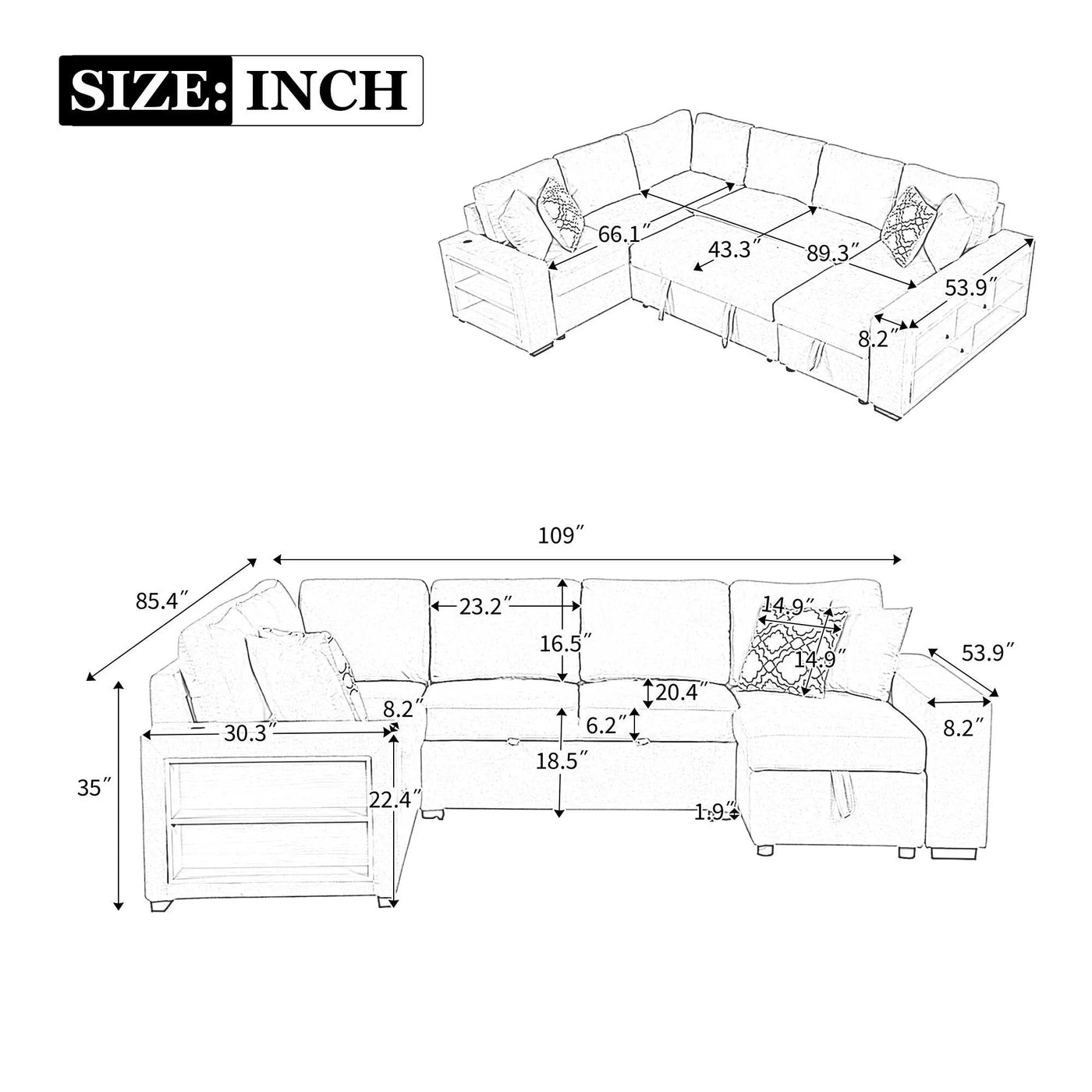 U-Shaped Sectional Sofa Pull-Out Sofa Bed With Two USB Ports, A Storage Chaise Lounge And Four Back Pillows For Living Room by Unique Piece Furniture