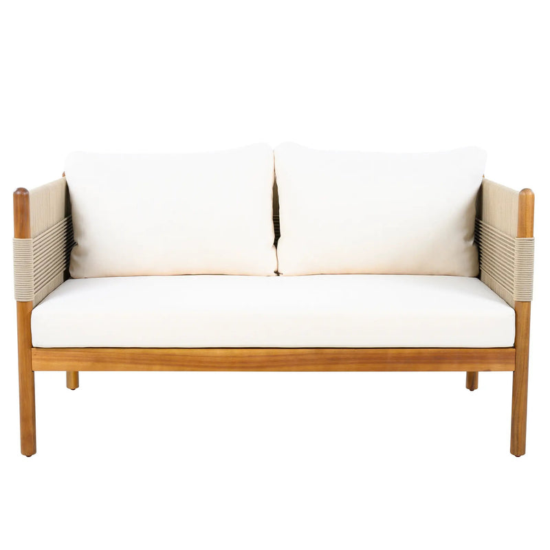 Outdoor Acacia Wood Loveseat with Diamond Rope Weave & Cushions, Teak Finish by HouseOfZazla