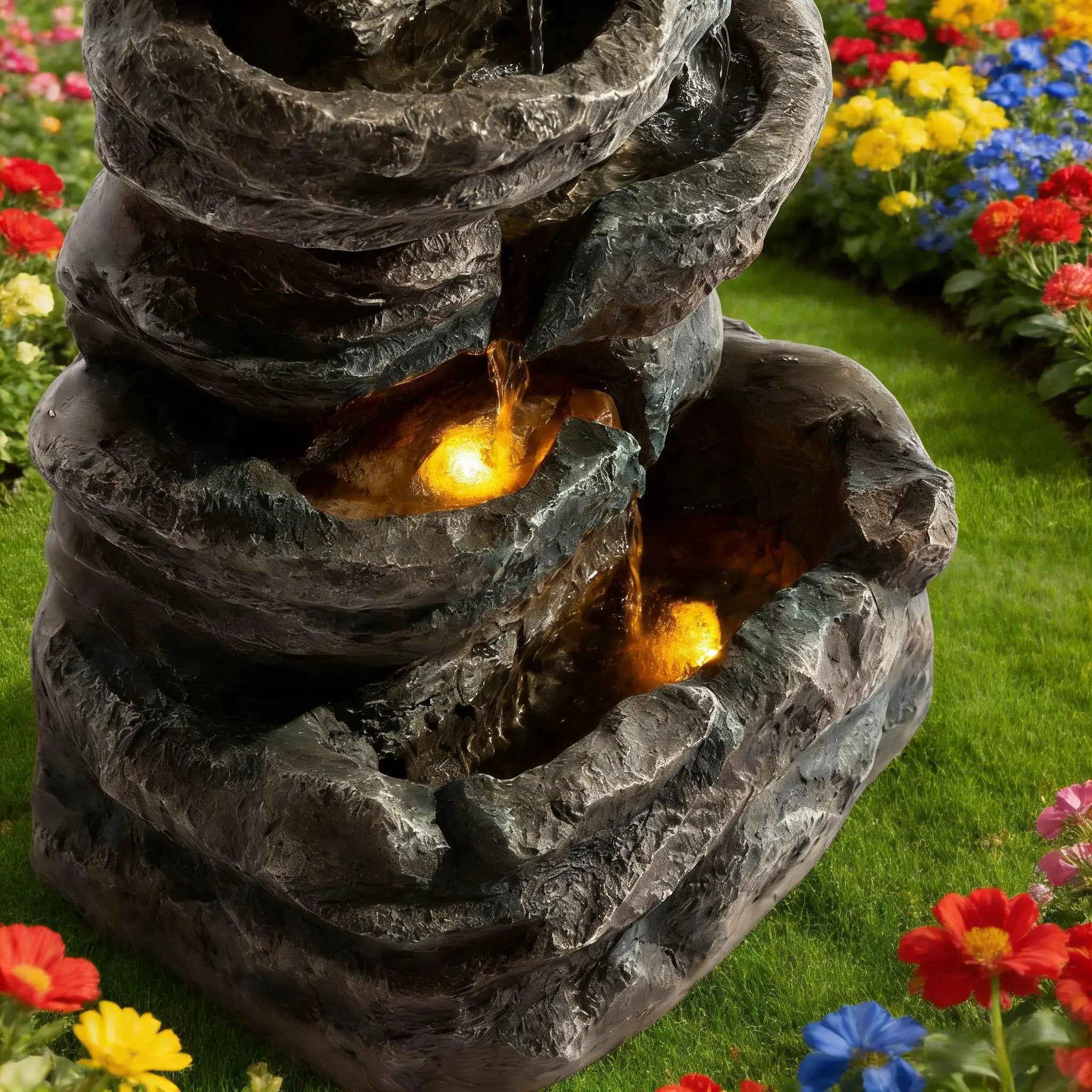 6-Tier Outdoor Cascading Stone Water Fountain with 3 LED Lights by HouseOfZazla