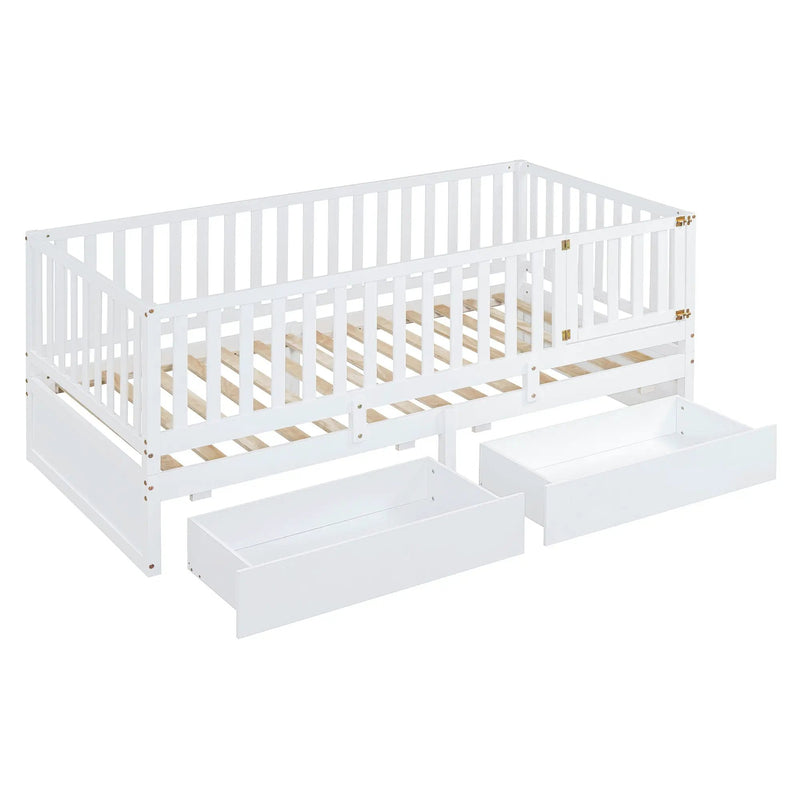 Daybed With Fence Guardrails And 2 Drawers, Split Into Independent Floor Bed & Daybed by HouseOfZazla