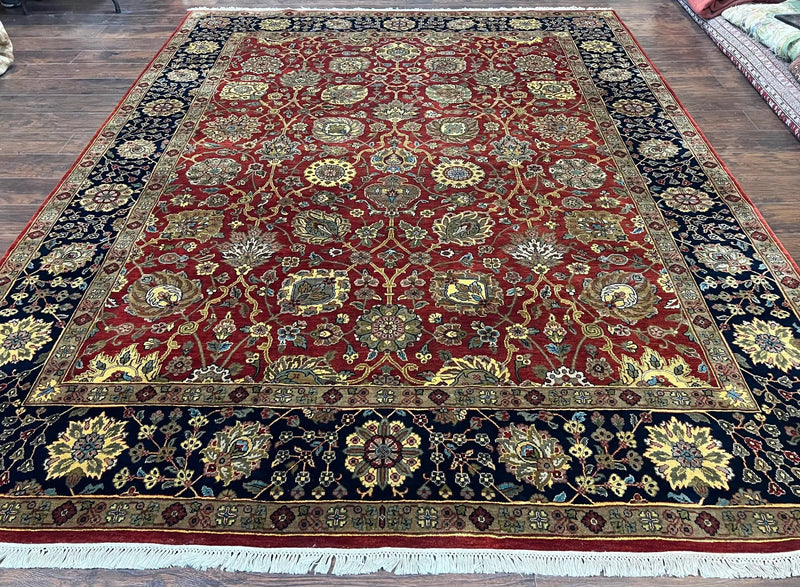 Indo Persian Rug 9x12, Hand Knotted Traditional Indian Wool Oriental Carpet 9 x 12 ft, Maroon and Navy Blue, Floral Allover 9x12 Vintage Rug by Jewel Rugs