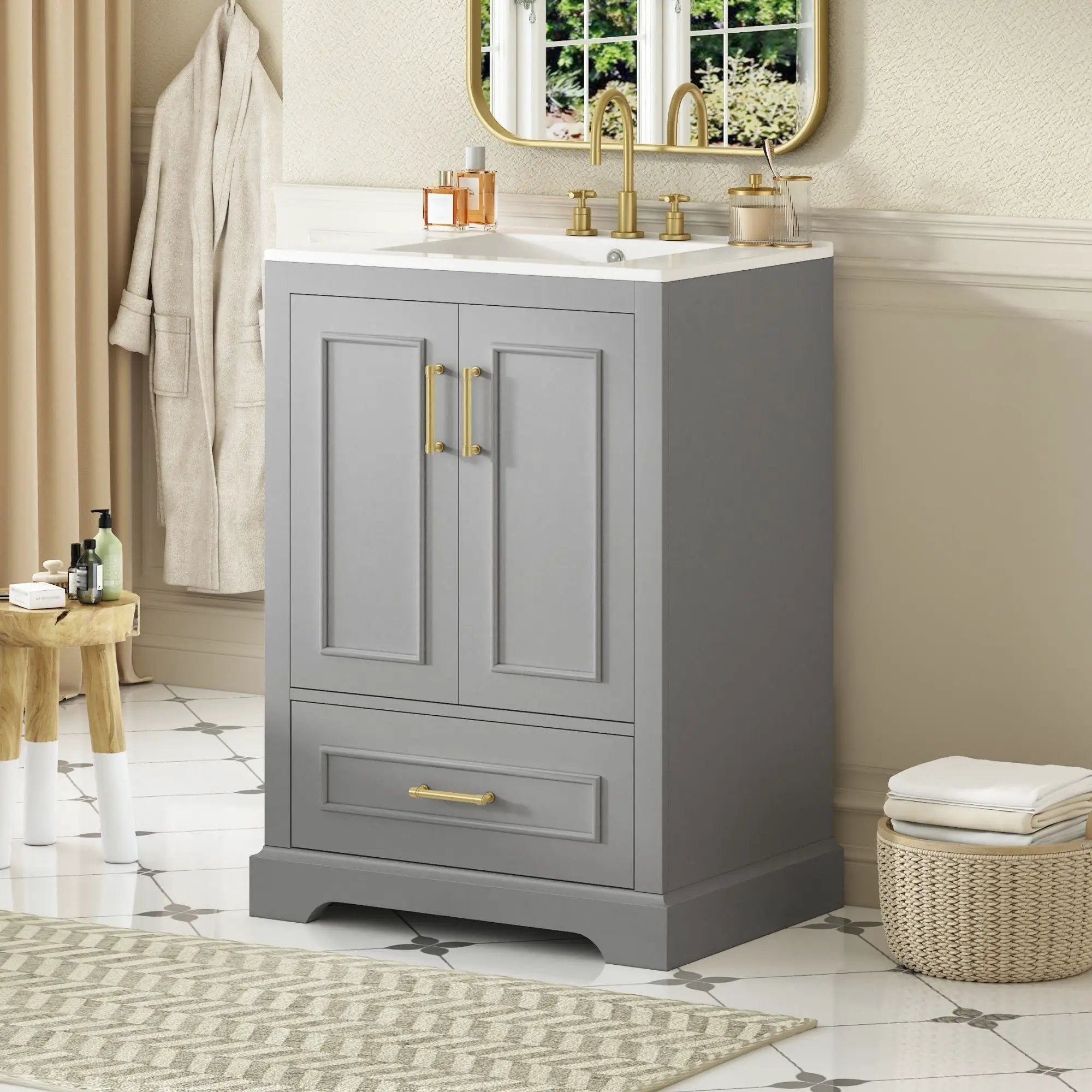 Bathroom Vanity With Sink, 1 Divided Drawer And 2 Soft Close Doors With Double Shelf by Unique Piece Furniture
