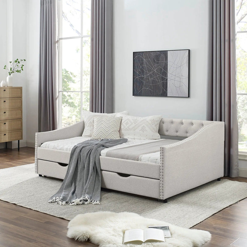 Upholstered Tufted Daybed With Drawers, Waved Arms by Unique Piece Furniture