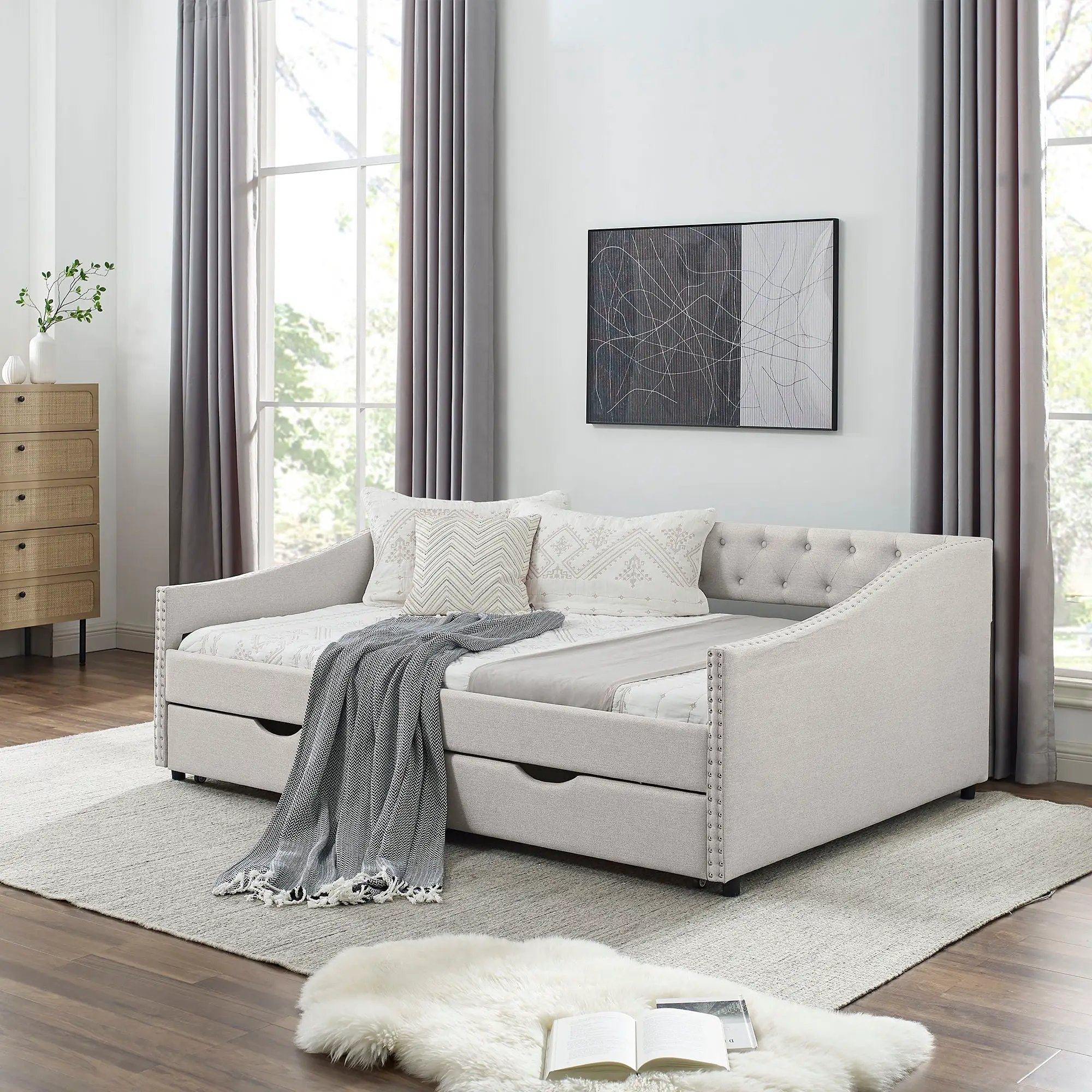 Upholstered Tufted Daybed With Drawers, Waved Arms by HouseOfZazla