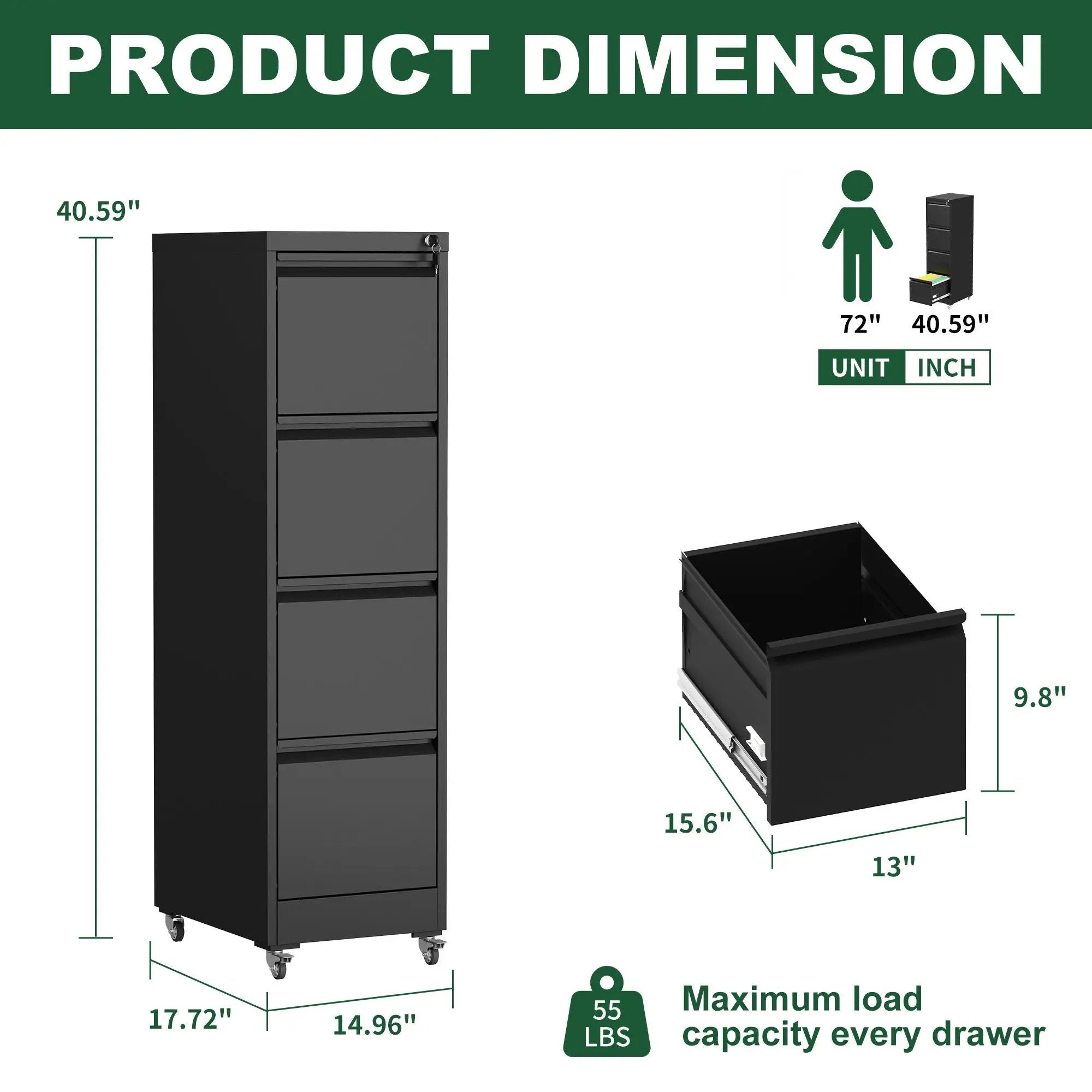 Drawer Metal Locking Vertical File Cabinet With Wheels Heavy Duty Lockable Storage by Unique Piece Furniture
