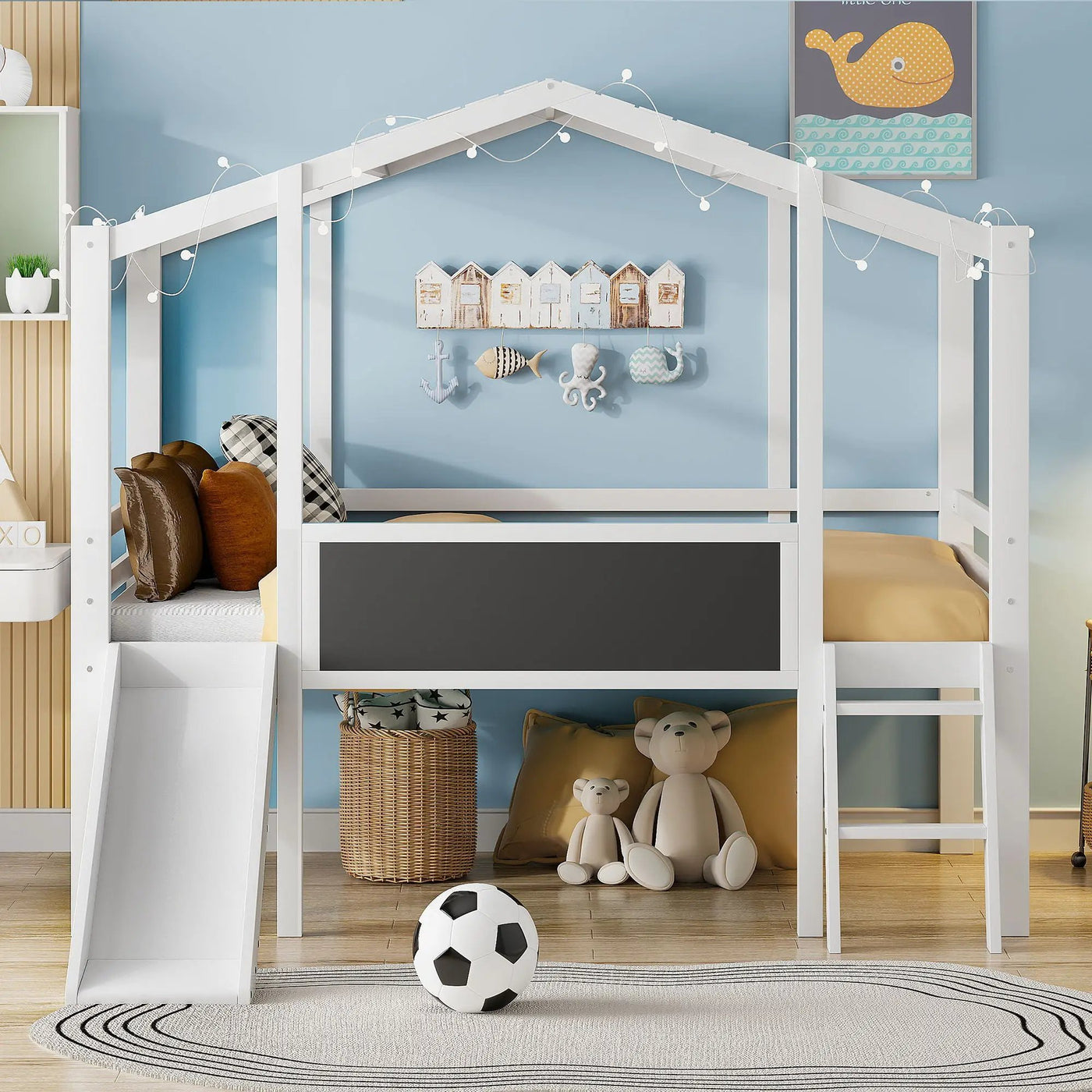 Loft House Bed With Ladder And Slide, With board And Light Strip On The Roof by Unique Piece Furniture