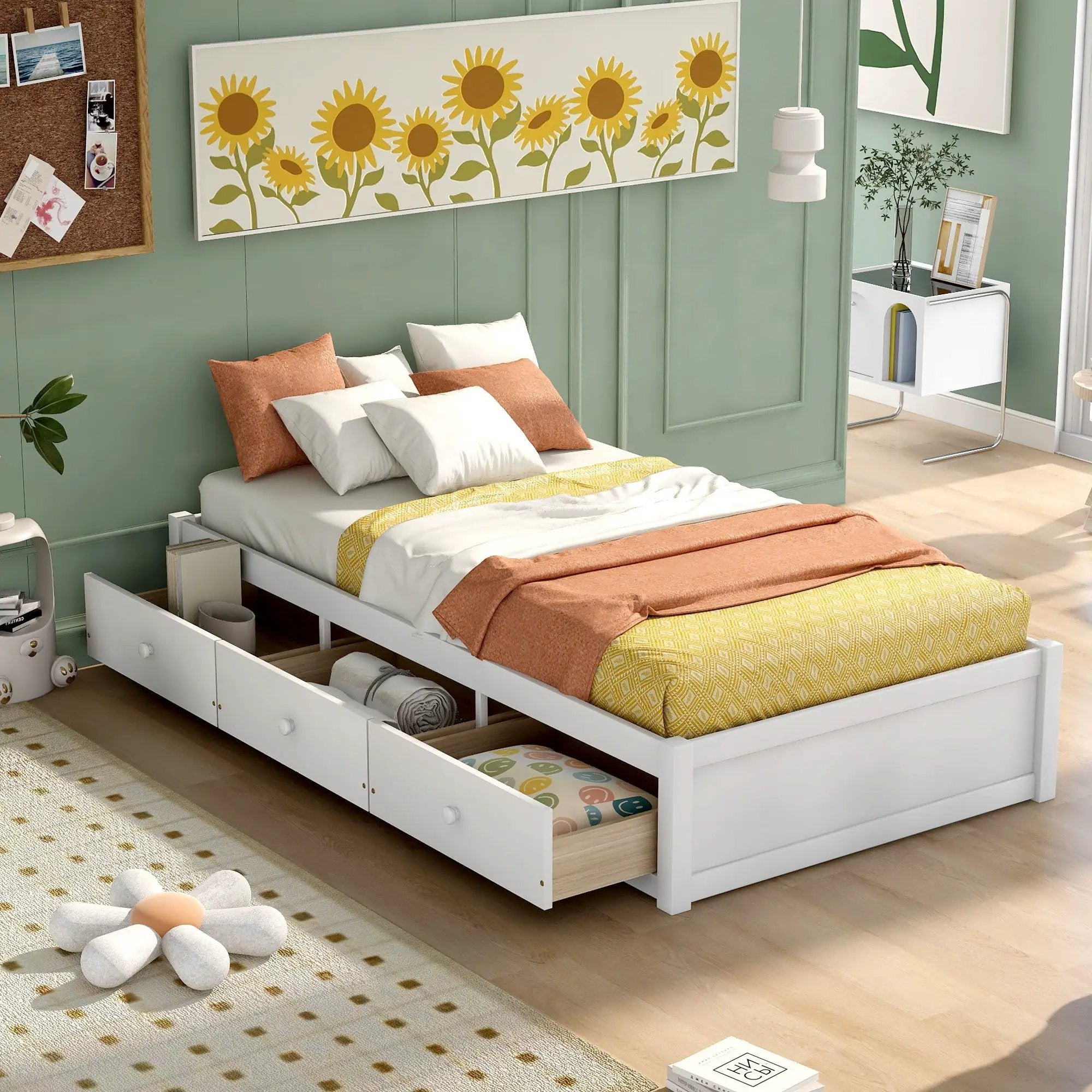 Twin Size Platform Storage Bed With 3 Drawers - White by HouseOfZazla