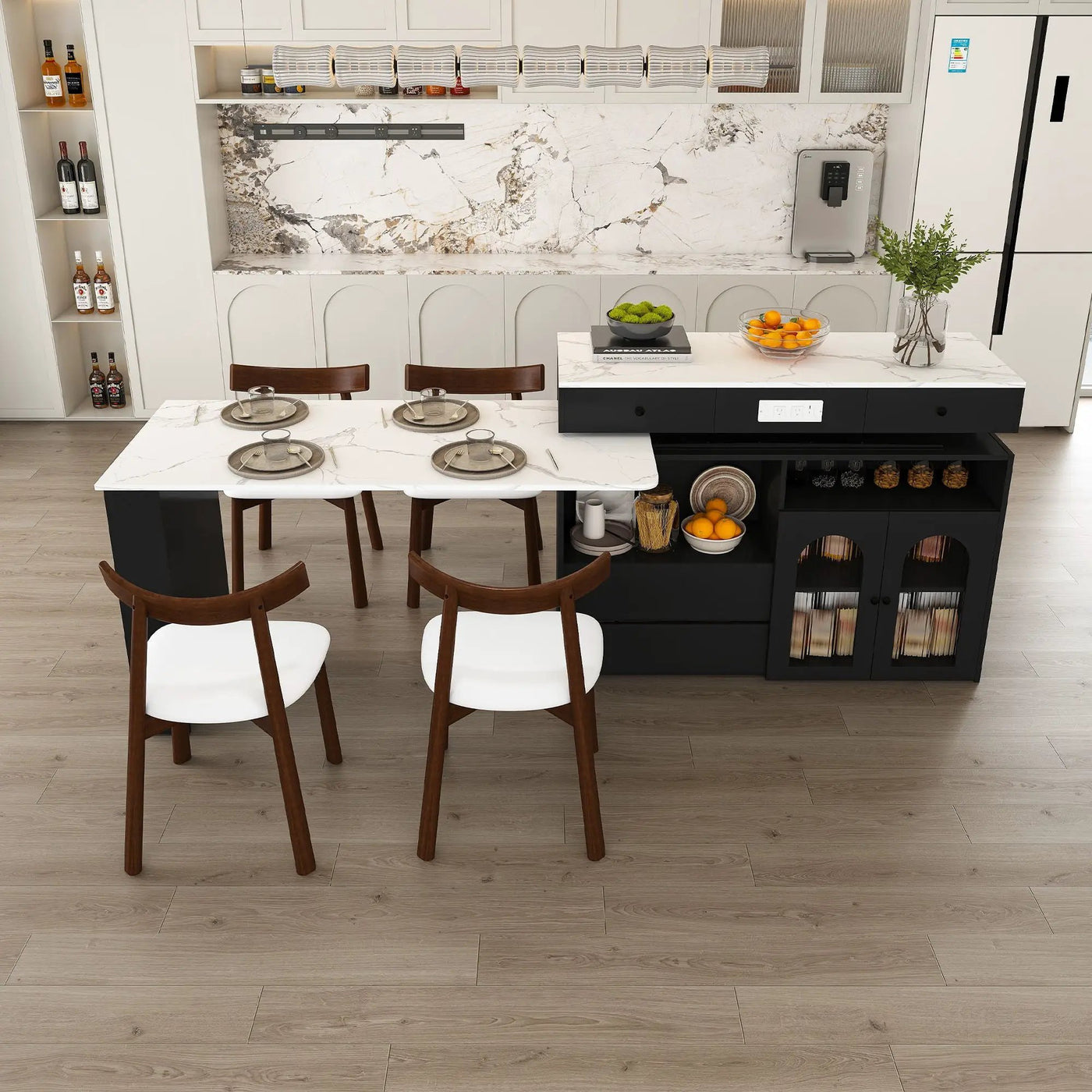 Retro Kitchen Island Set With Chairs, Extendable & Rotating Table, 4 Drawers & Door Cabinets by Unique Piece Furniture