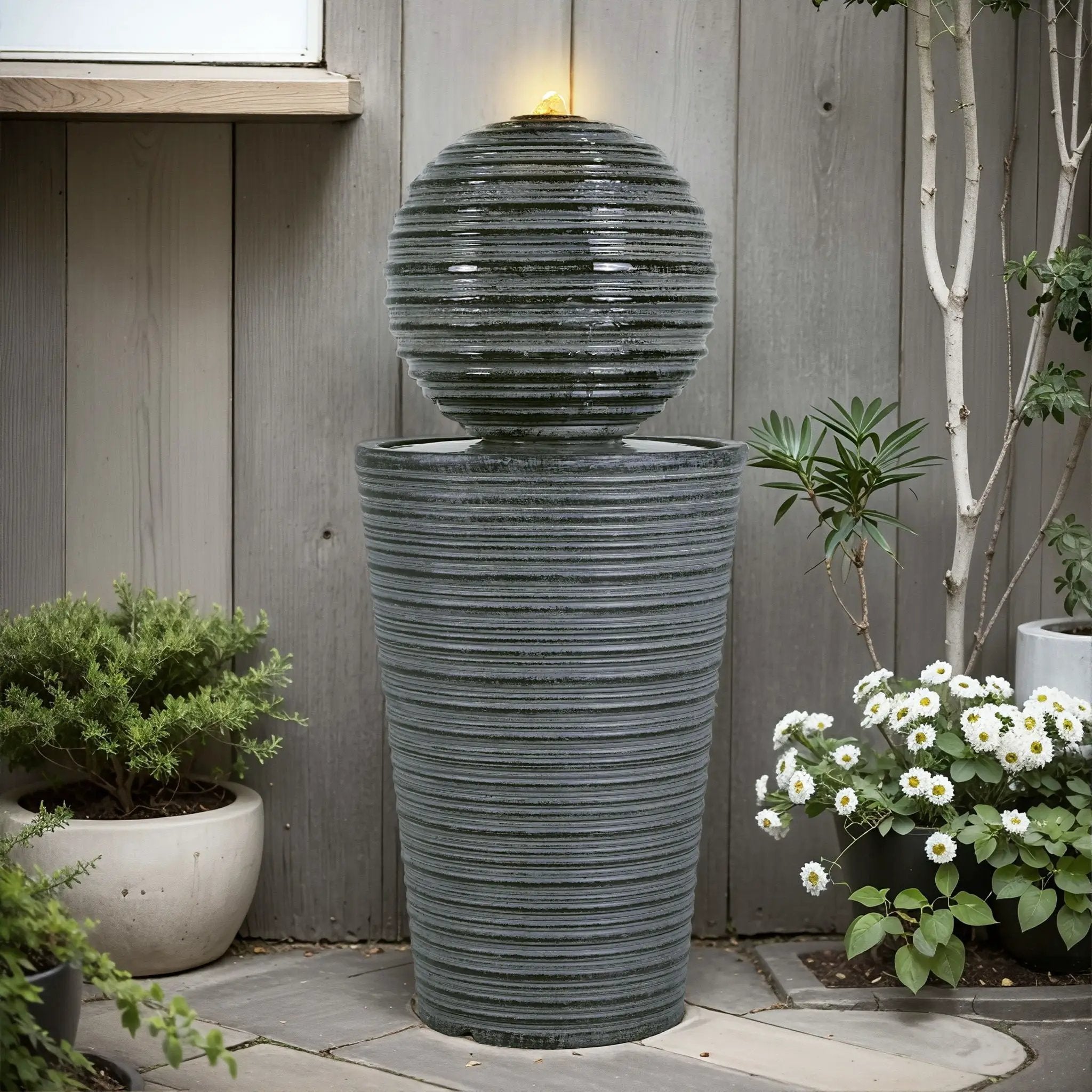31.5" Tall Striped Column Fountain With LED Light Design For Outdoor Spaces - Gray by HouseOfZazla