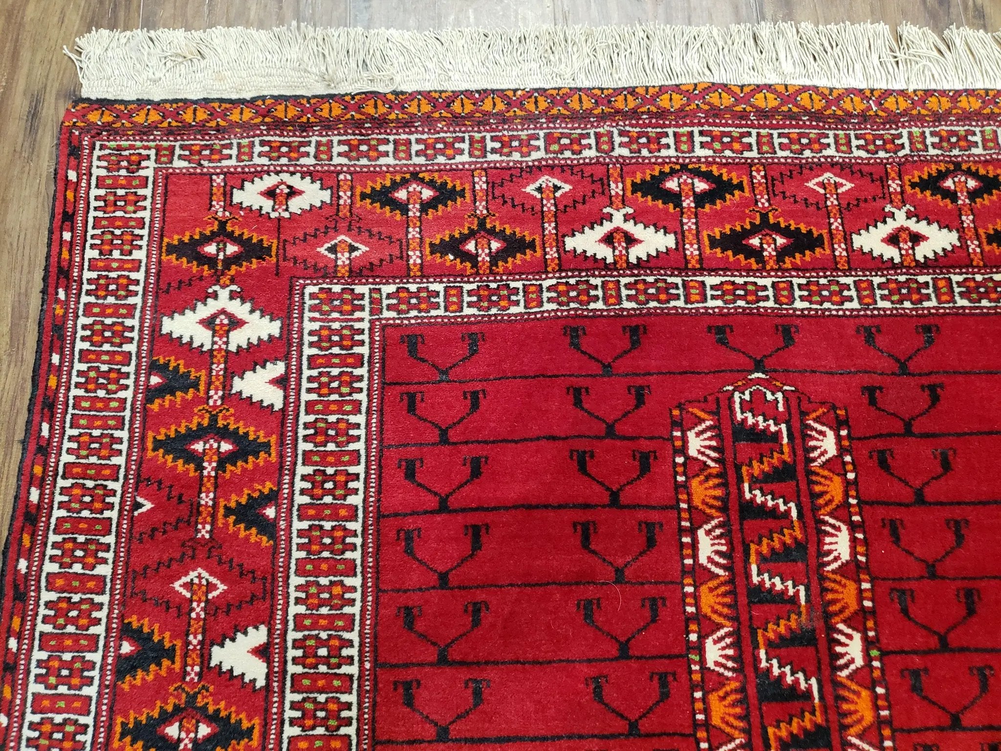 Antique Persian Turkoman Rug 4x5, Hatchli Tekkeh Ersari Red Tribal Rug, Handmade Wool Oriental Carpet, Four Seasons Rug by Jewel Rugs