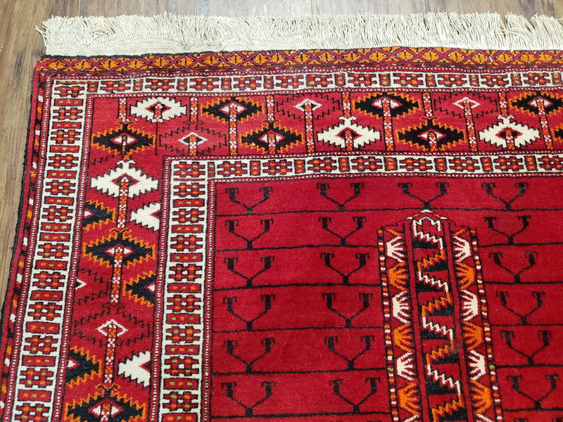 Antique Persian Turkoman Rug 4x5, Hatchli Tekkeh Ersari Red Tribal Rug, Handmade Wool Oriental Carpet, Four Seasons Rug by Jewel Rugs