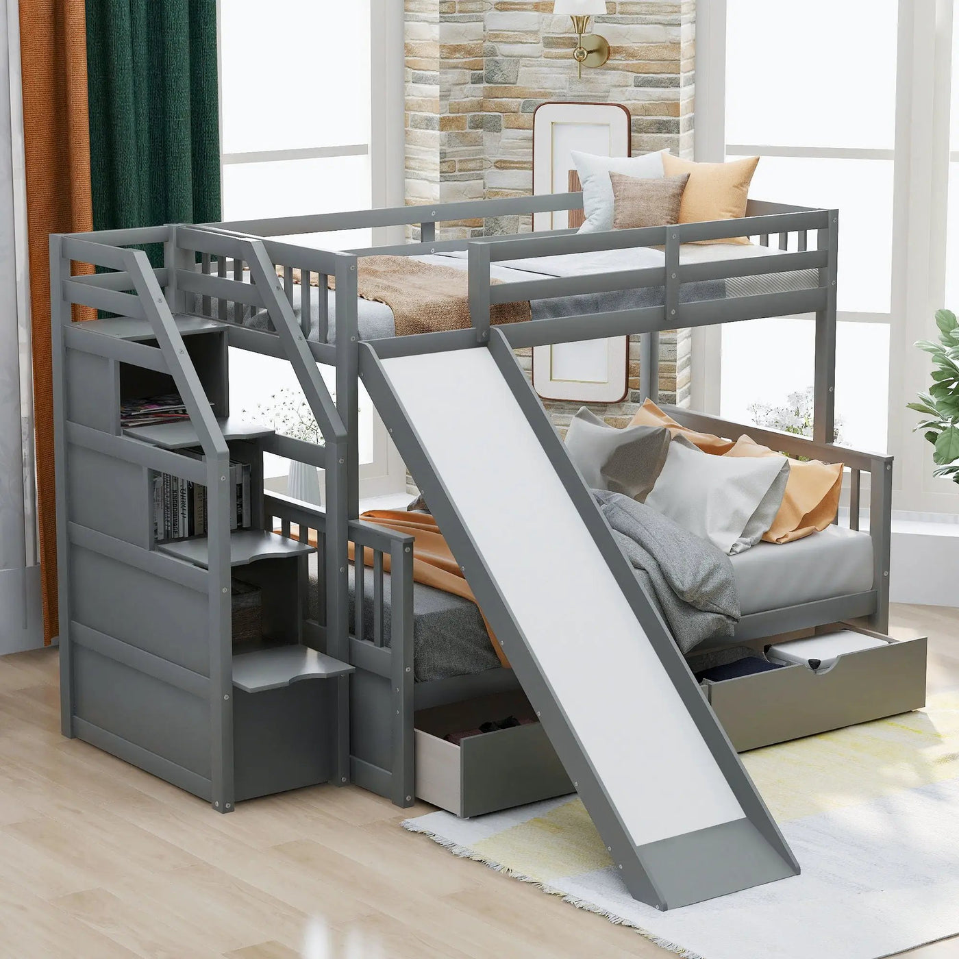 Bunk Bed With Storage Staircase, Slide, Desk, Drawers, And Shelves by Unique Piece Furniture