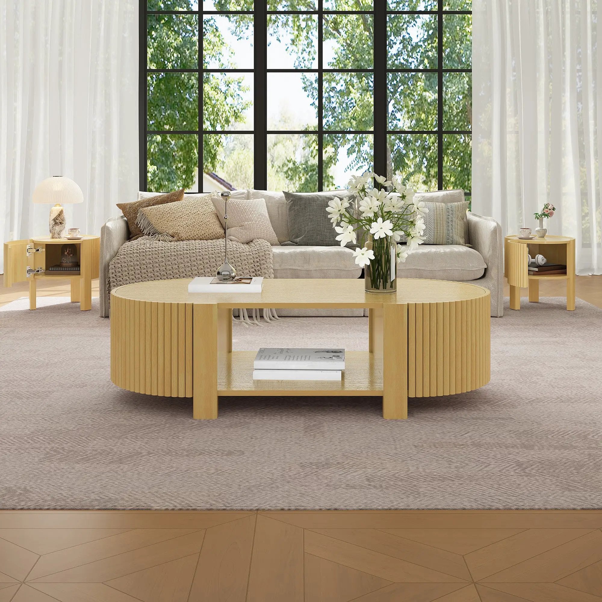 Oval Fluted Coffee Table with Storage for Living Room by HouseOfZazla