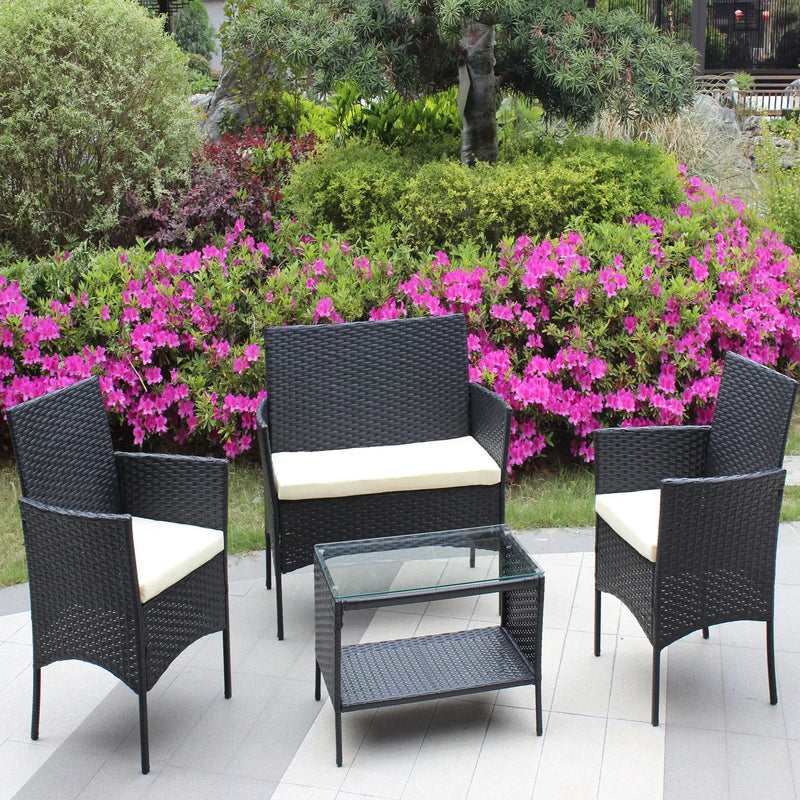 4 PC Rattan Patio Furniture Set Outdoor Cushioned Wicker Sofa by HouseOfZazla