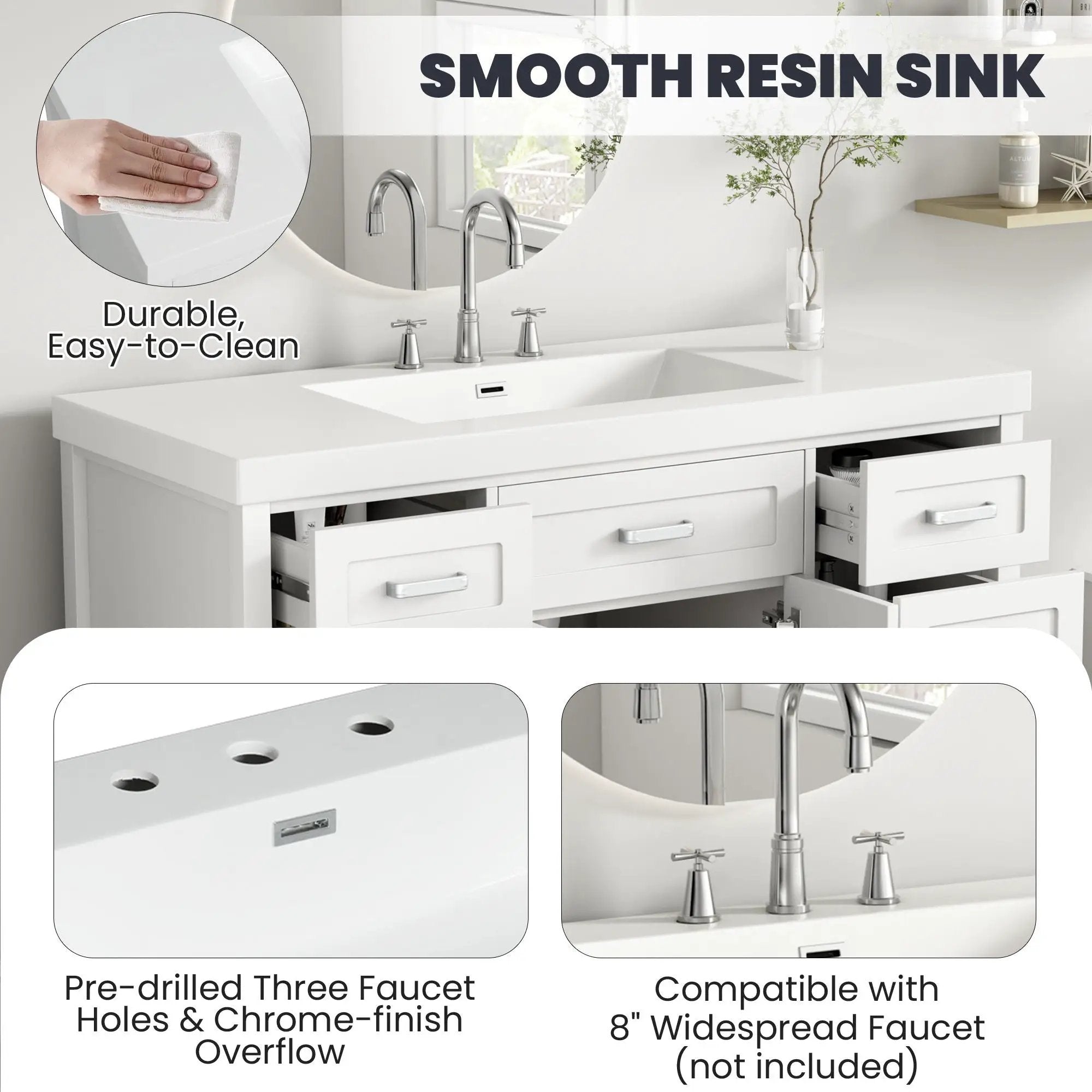 Vanity Top With 3 Faucet Holes, Rectangular Basin For Bathroom - White by HouseOfZazla