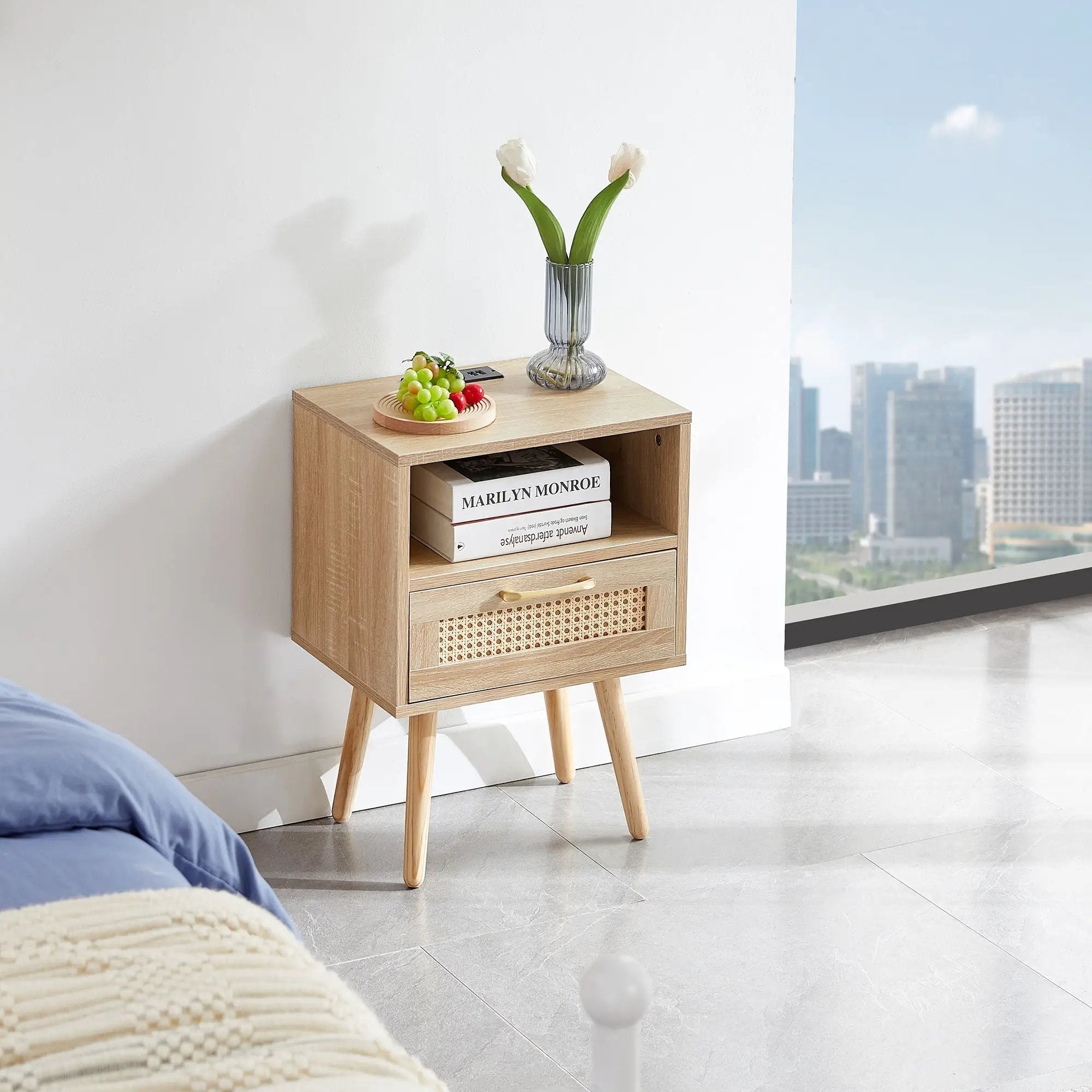 15.75" Rattan End Table With Power Outlet & USB Ports, Modern Nightstand With Drawer And Solid Wood Legs, Side Table For Living Room, Bedroom by Unique Piece Furniture