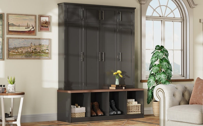 Farmhouse Hall Tree with 4 Hidden Hanging Hooks and Storage Bench by HouseOfZazla