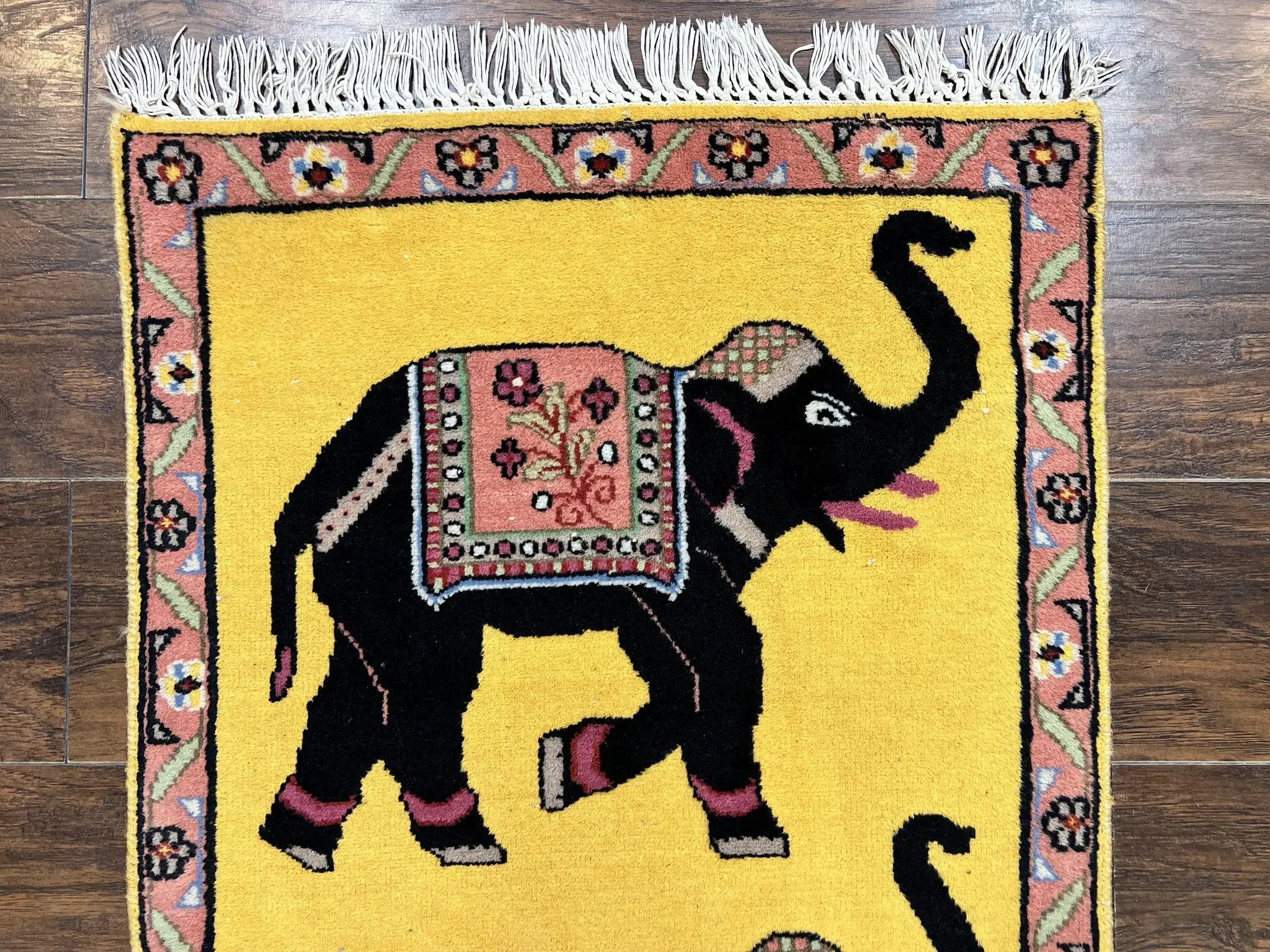 Unique Indian Pictorial Rug 2x3, Small Wool Hand Knotted Oriental Carpet, Yellow, Two Elephants, Handmade by Jewel Rugs