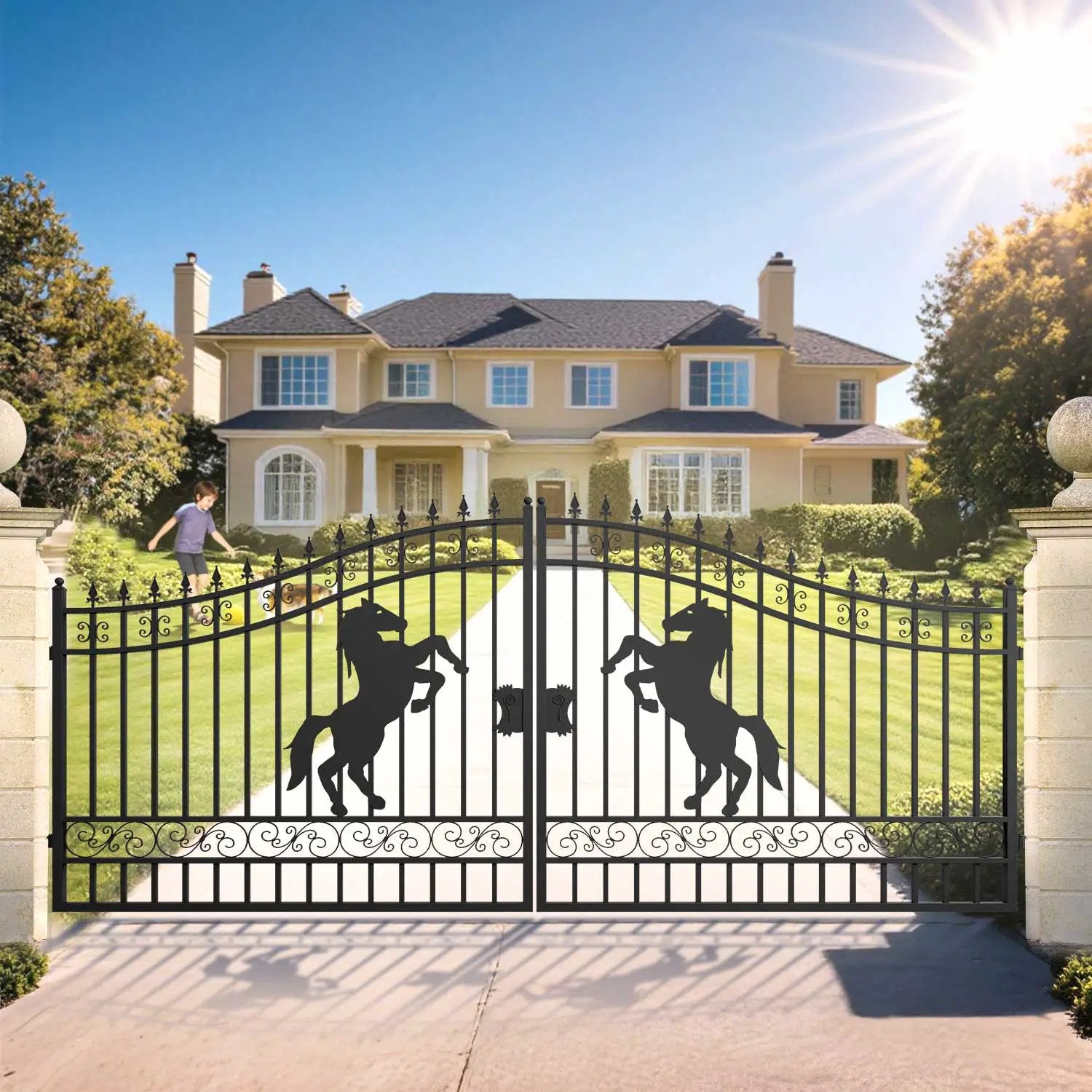 16x7 ft Steel Dual Swing Driveway Gate with Horse Pattern by Chery Industrial