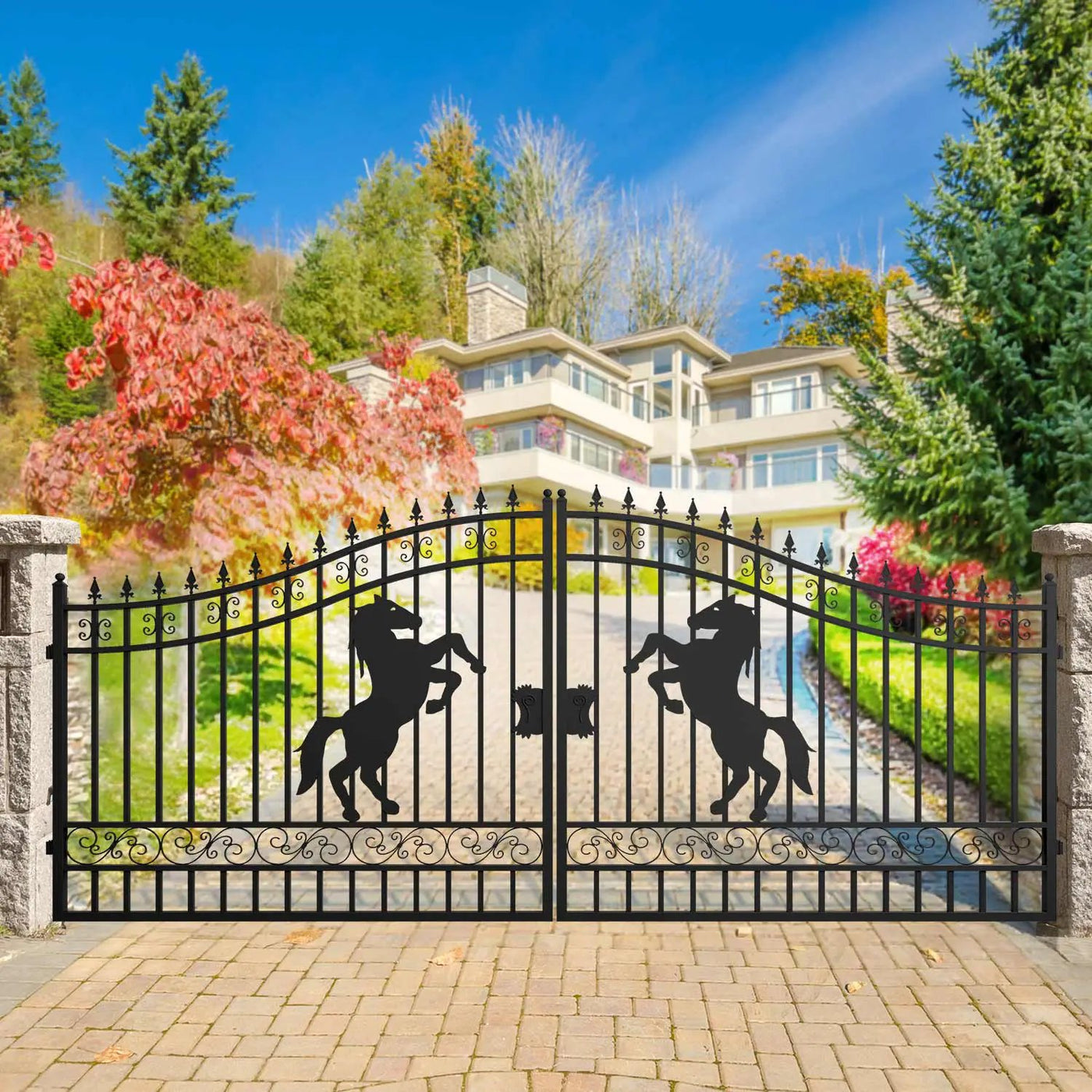 16x7 ft Steel Dual Swing Driveway Gate with Horse Pattern by Chery Industrial
