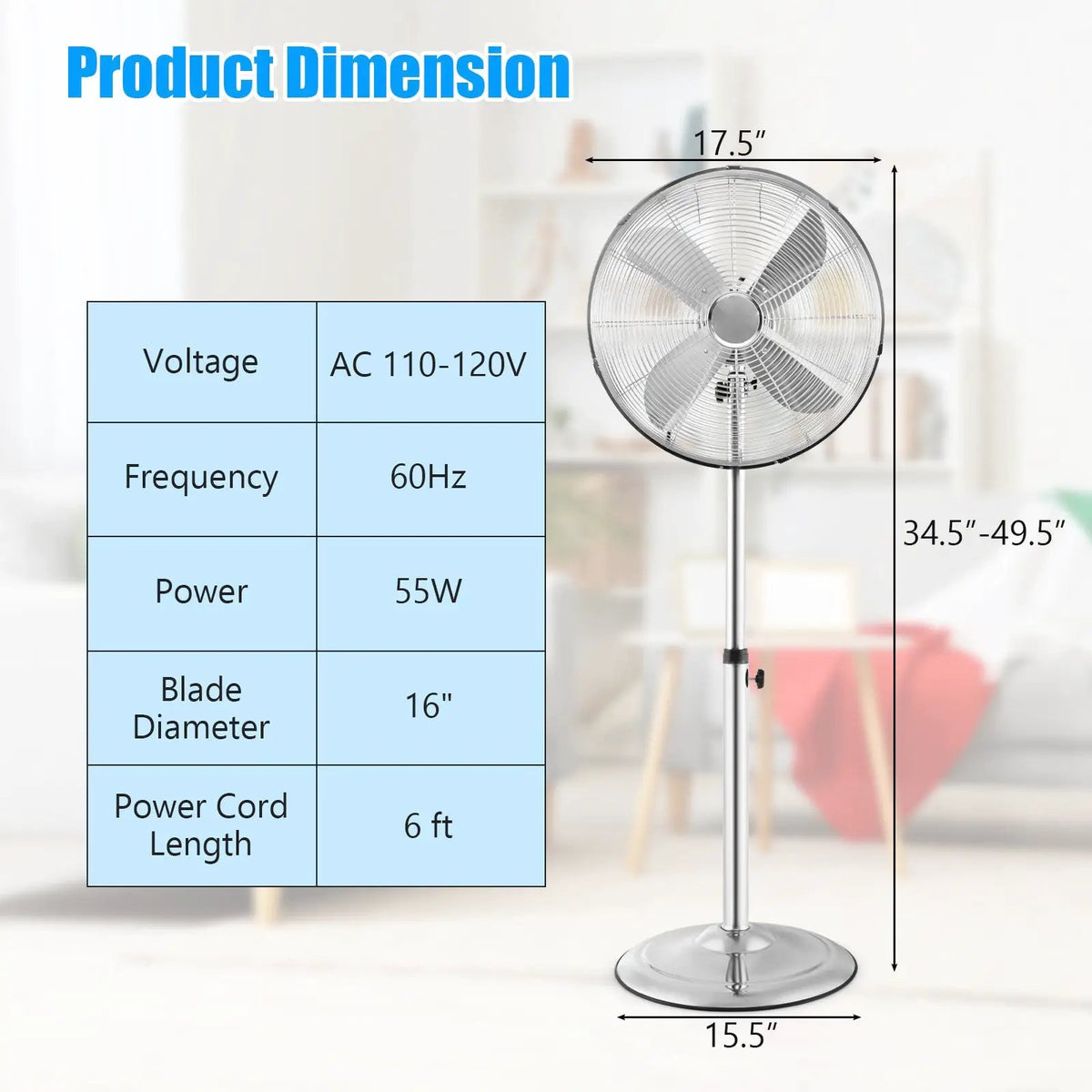 16 Inch Pedestal Standing Fan Oscillating Pedestal Fan with 3 Speeds and Adjustable Height, photo 4 of 10