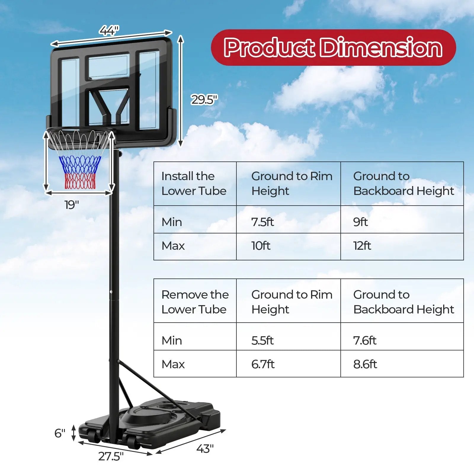 Portable Basketball Hoop with 9-Position Adjustable Height by DirectDeals