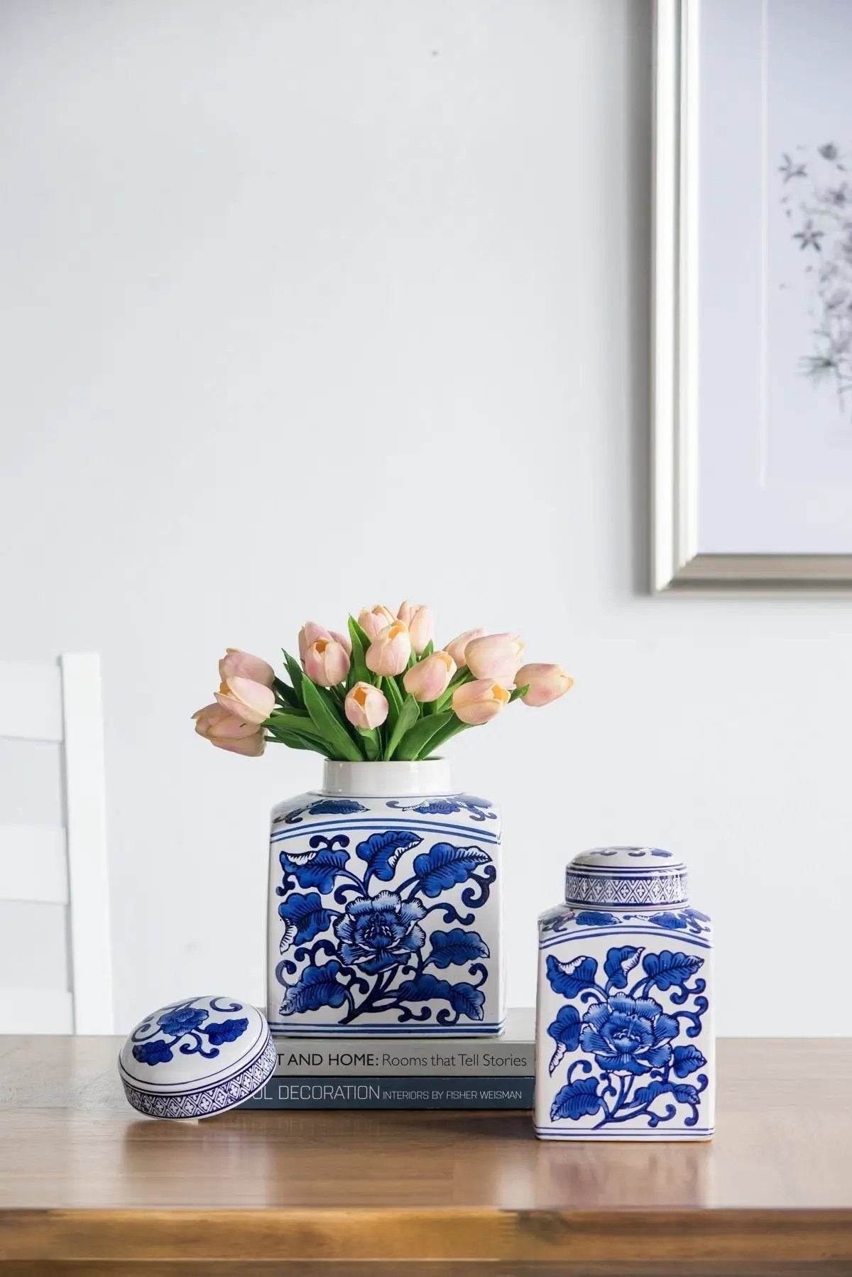 5x5x8' Hand Painted Square Canister with Blue and White Floral Pattern by HouseOfZazla
