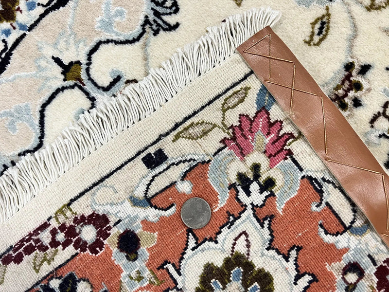 Persian Tabriz Rug 4.5 x 6.8, Finely Hand Knotted Wool with Silk Highlights Vintage Oriental Carpet, Cream and Salmon, High KPSI, Floral Medallion by Jewel Rugs