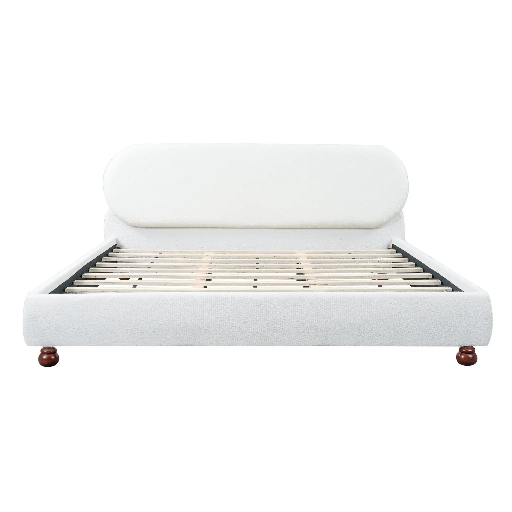 Cream-Colored Boucle Upholstered Bed with Rubber Wood Foot, King by HouseOfZazla