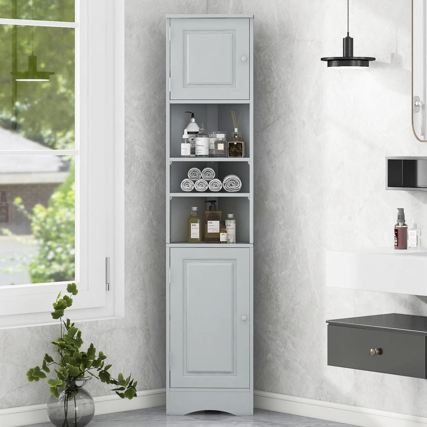 Multi-Functional Corner Cabinet Tall Bathroom Storage Cabinet with Two Doors and Adjustable Shelves, Open Shelf by HouseOfZazla