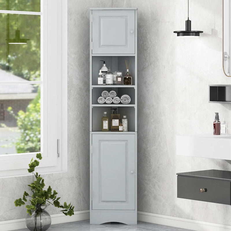 Multi-Functional Corner Cabinet Tall Bathroom Storage Cabinet with Two Doors and Adjustable Shelves, Open Shelf by HouseOfZazla