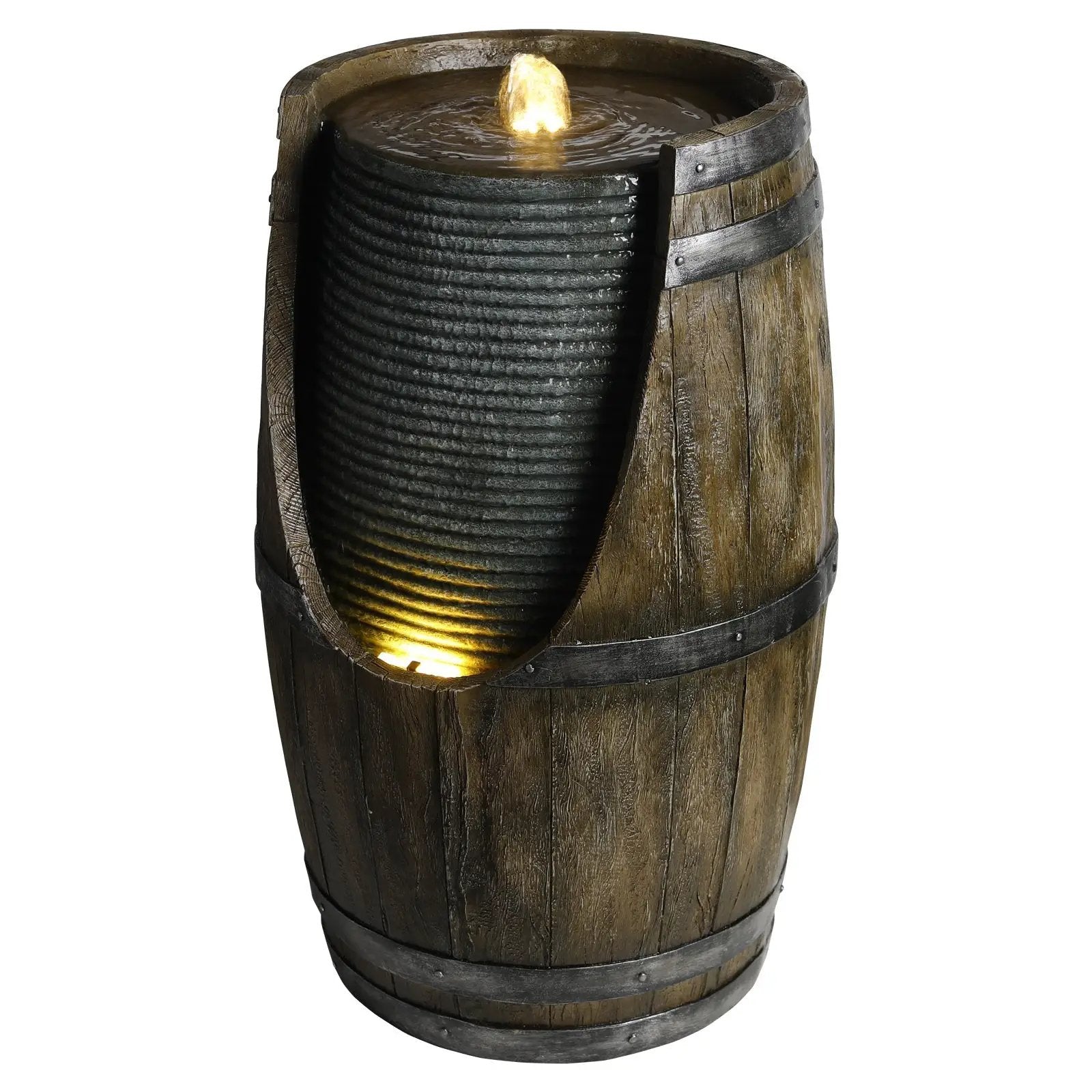 Wooden Barrel Style Outdoor Water Fountain with Lights by HouseOfZazla