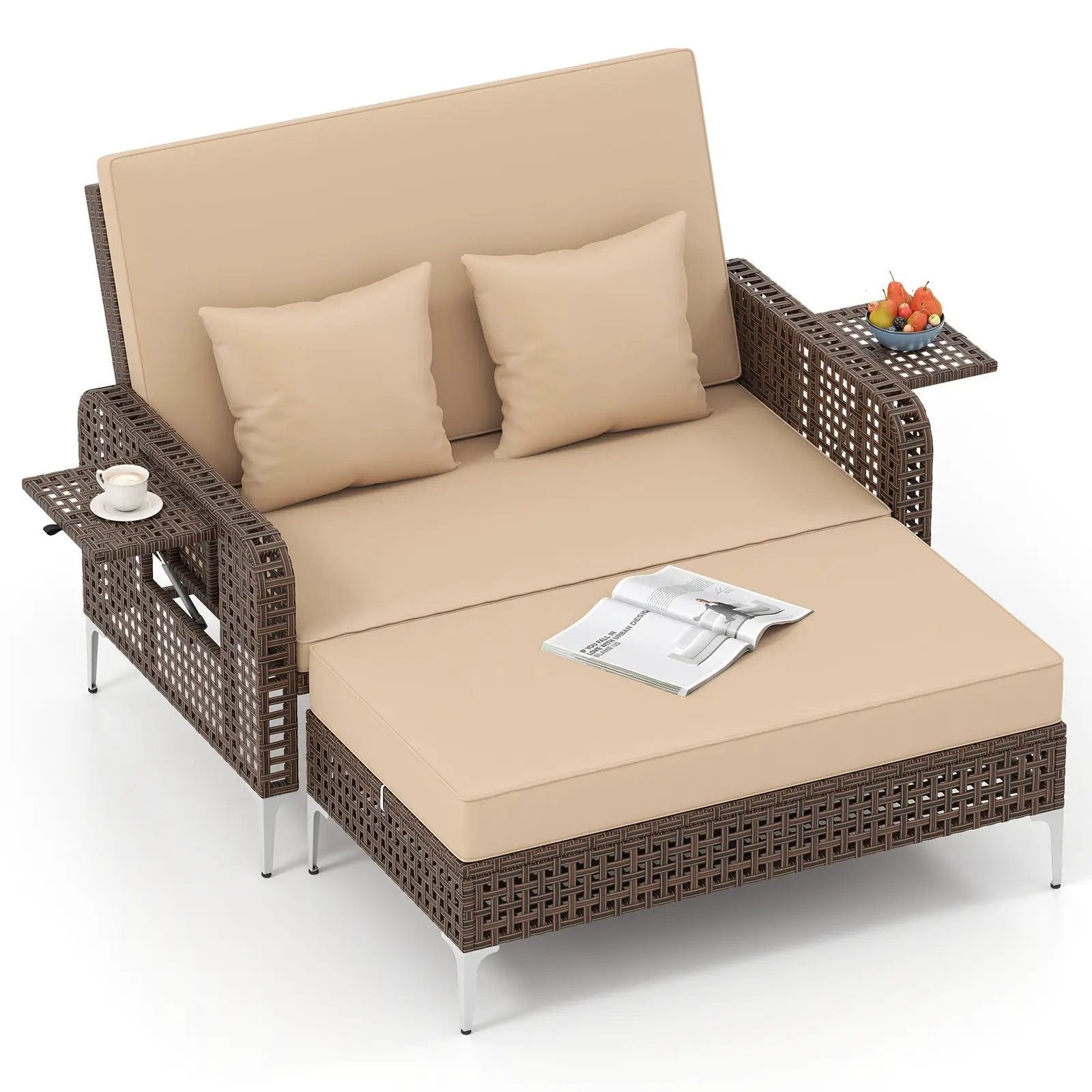 2 Piece Patio Rattan Daybed Wicker Loveseat and Ottoman with Adjustable Backrest by DirectDeals