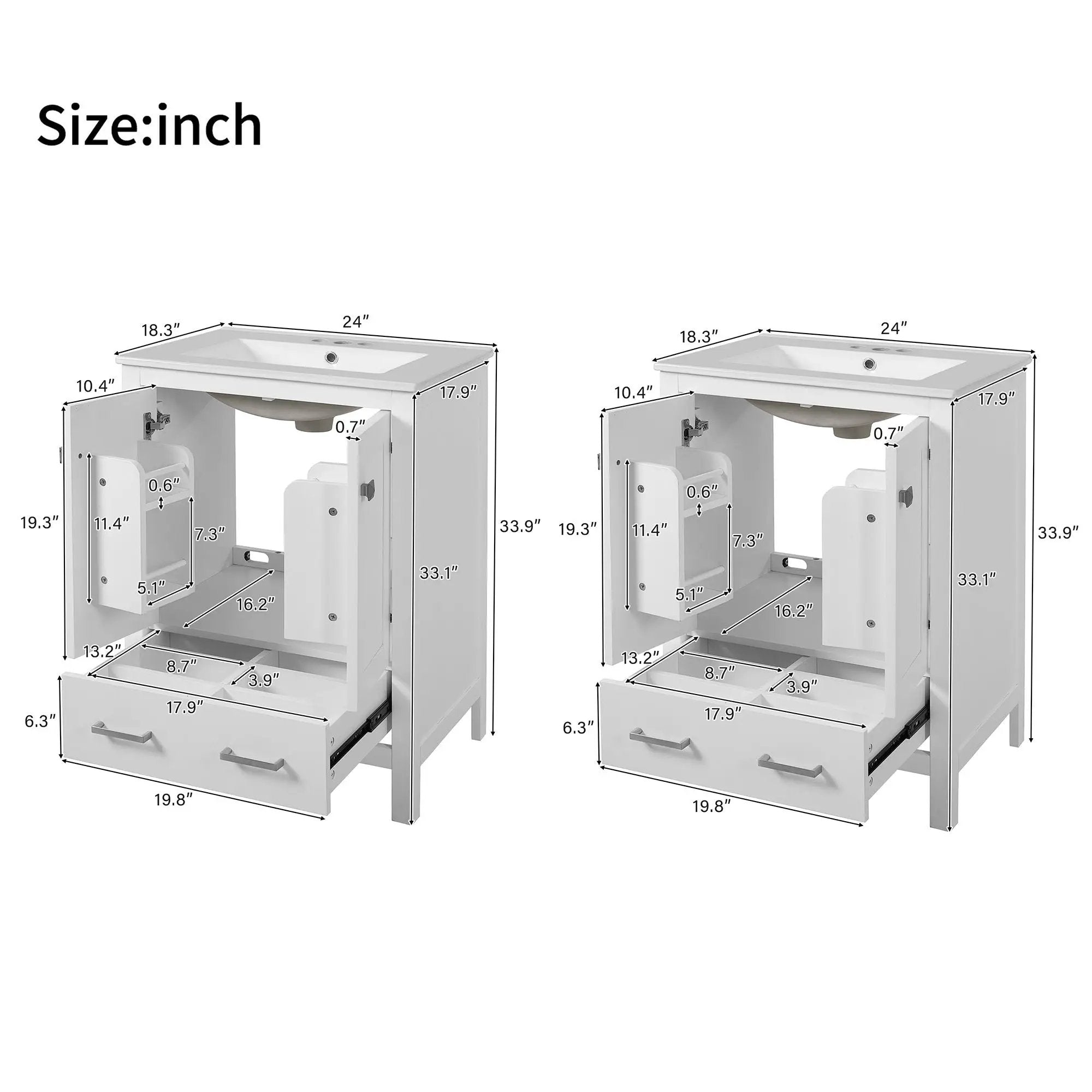 Bathroom Vanity With Integrated Undermount Ceramic Sink, 2 Doors And 1 Drawer, Soft Close Hinges