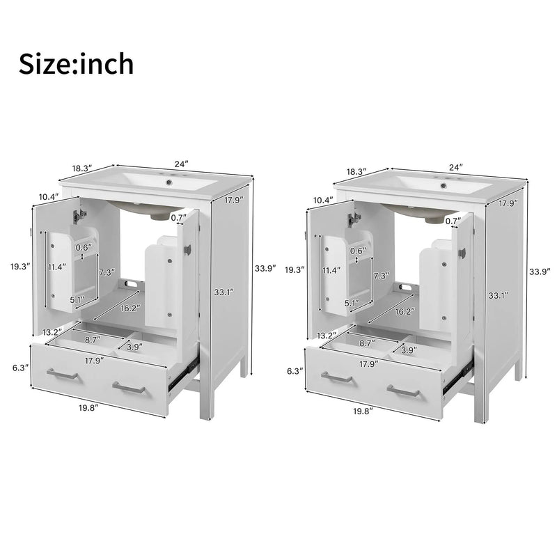 Bathroom Vanity With Integrated Undermount Ceramic Sink, 2 Doors And 1 Drawer, Soft Close Hinges