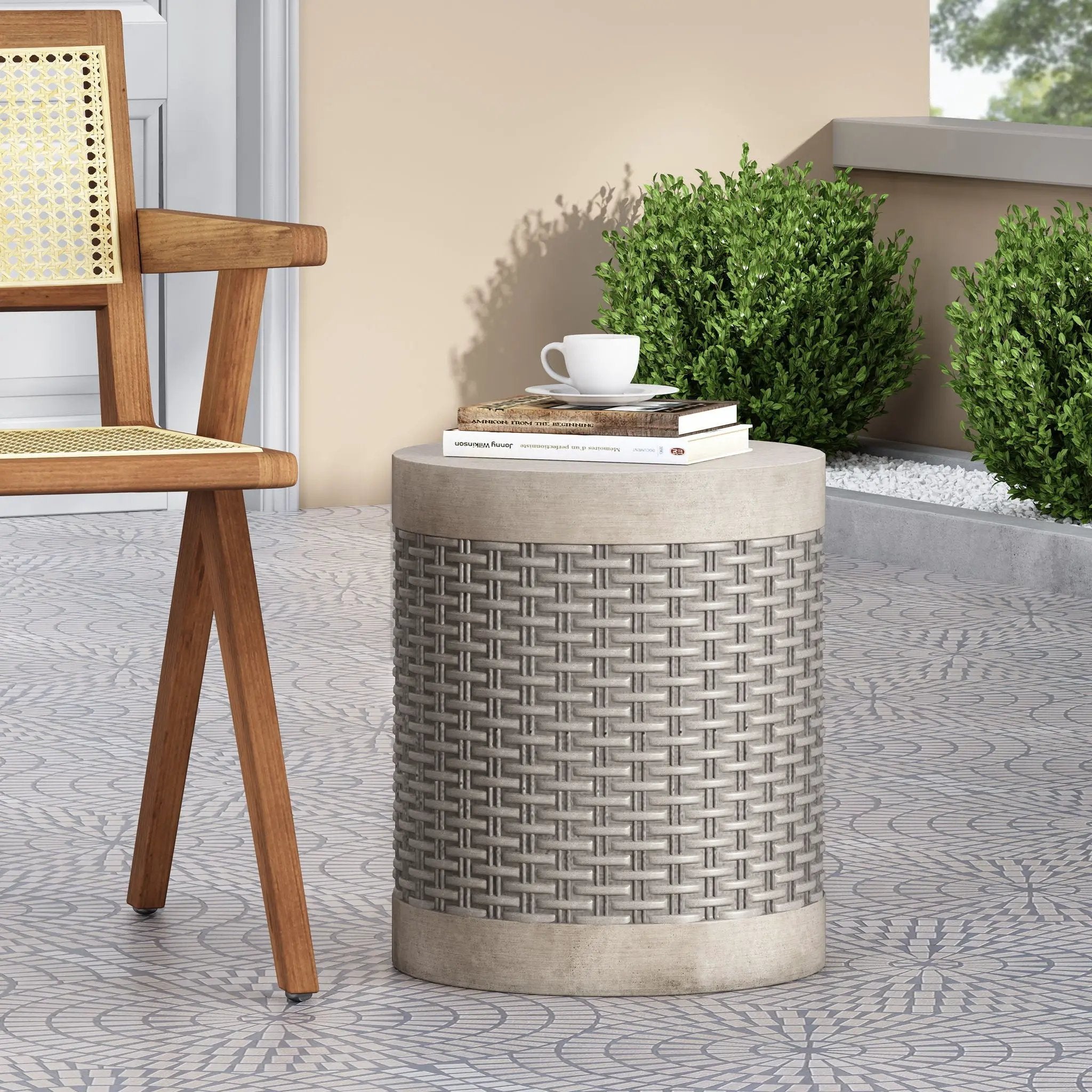 Outdoor Lightweight End Table Round Concrete - Natural by HouseOfZazla