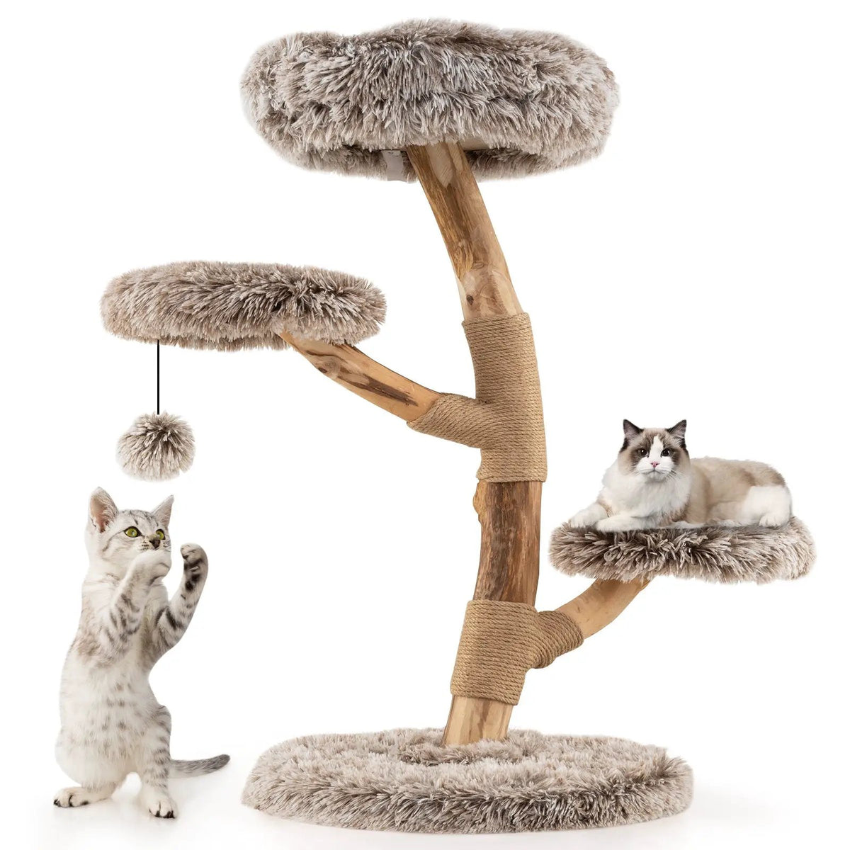 Cat Tree Solid Pear Wood with Perch and Natural Jute Scratching Posts-Brown, photo 3 of 9